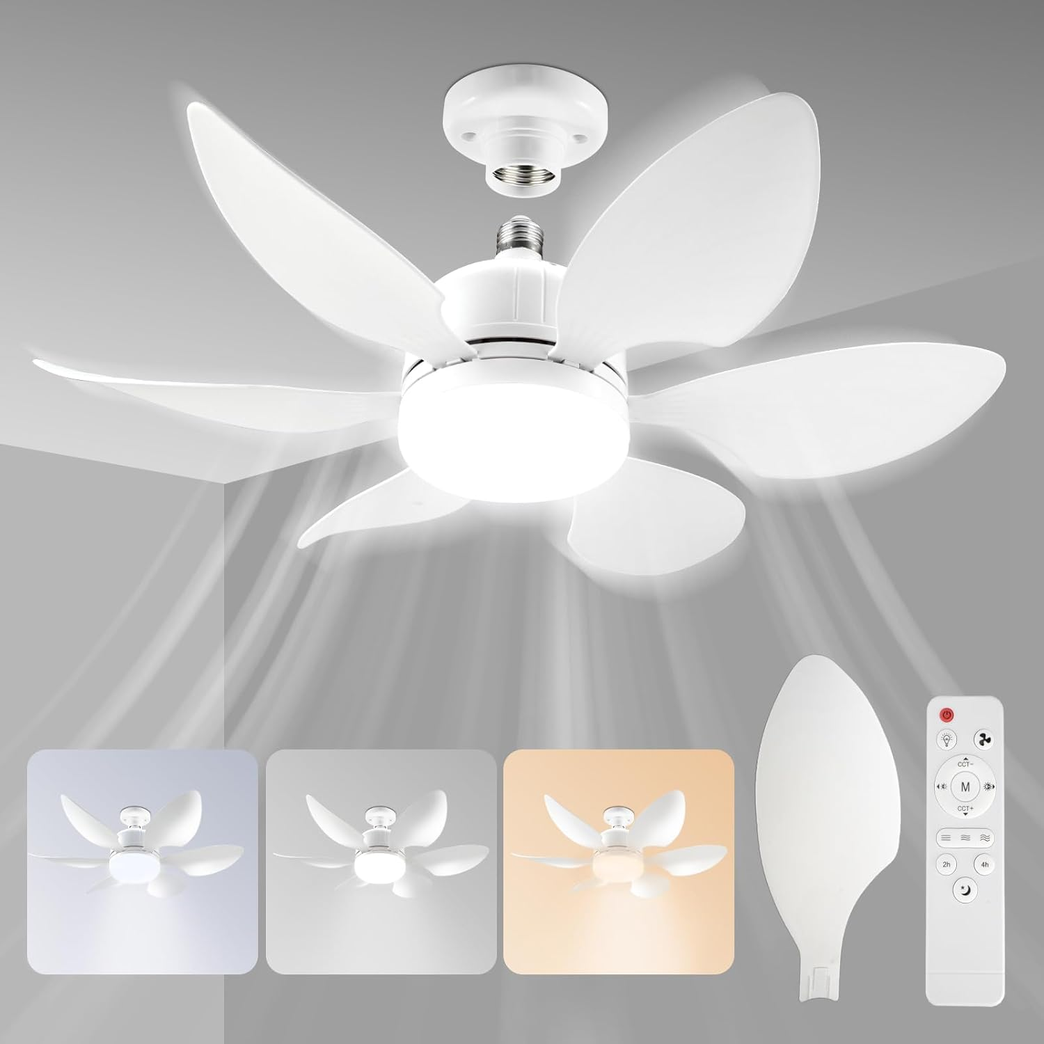 Socket Fan Light -20.5"/52Cm Ceiling Fan with Light and Remote, E27 Plug in Fan Light Bulb for Bedroom, Kitchen, Living Room, Bathroom, Workshop-3 Color Temperatures, 3 Fan Speeds,2000 Lumens,40W image number 2