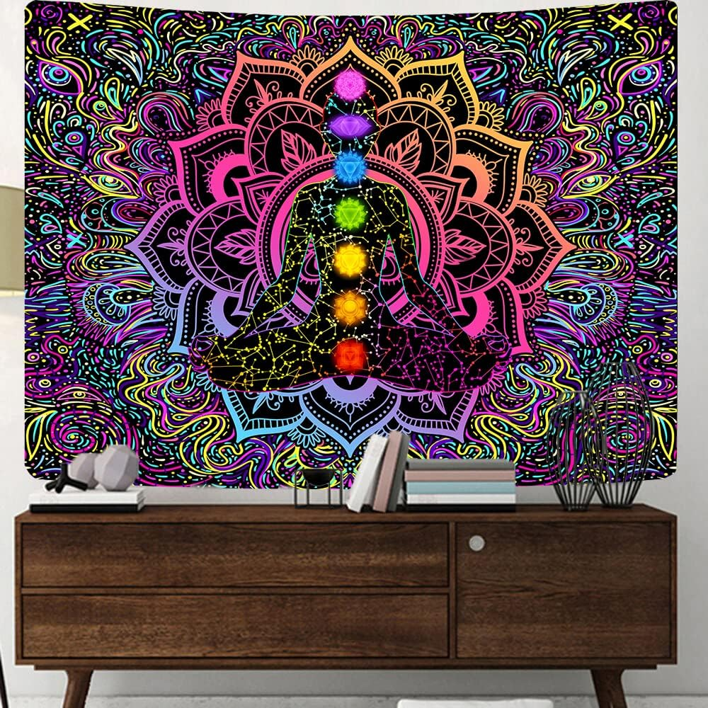 Seven Chakra Bohemian Mandala Spiritual Tapestry - Psychedelic Trippy Wall Hanging for Yoga, Meditation, Boho Studio, Bedroom, Living Room, Dorm - 60 X 40 Inch