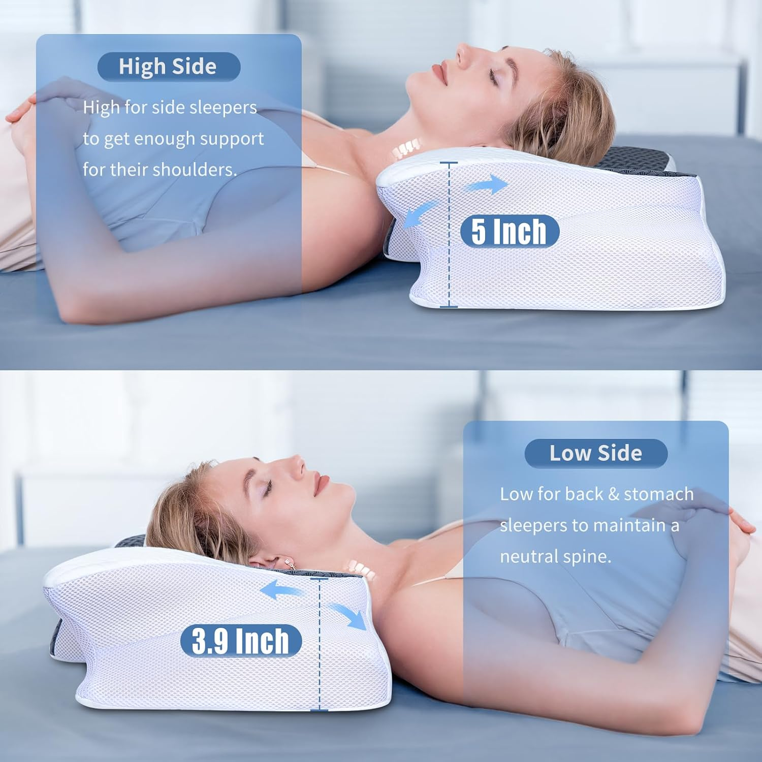 SAHEYER Cervical Neck Pillow, 2 in 1 Ergonomic Neck Support Pillow, Side Sleeper Pillow for Neck and Shoulder Pain Relief, Slow Rebound Memory Foam Pillow for Side Back Stomach Sleepers (Grey)