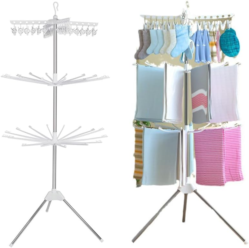 3-Tier Clothes Drying Rack, Folding Laundry Drying Rack, Indoor Outdoor Space Saving Stand Hanger with 24 Clips and 32 Towels Bars for Baby Clothes, Cloth Diapers, Socks, Bras, Towels, Underwear image number 6