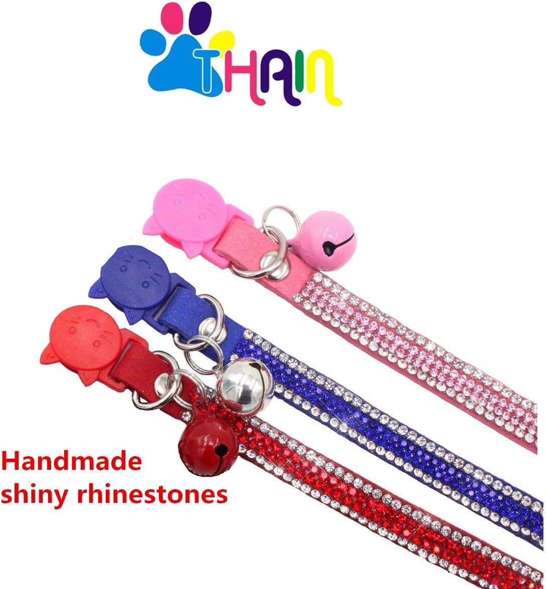 THAIN Basic Adjustable Cat Collar Bling Diamond Breakaway with Bell for Kitten Girl Boy (Blue) - Pink image number 6