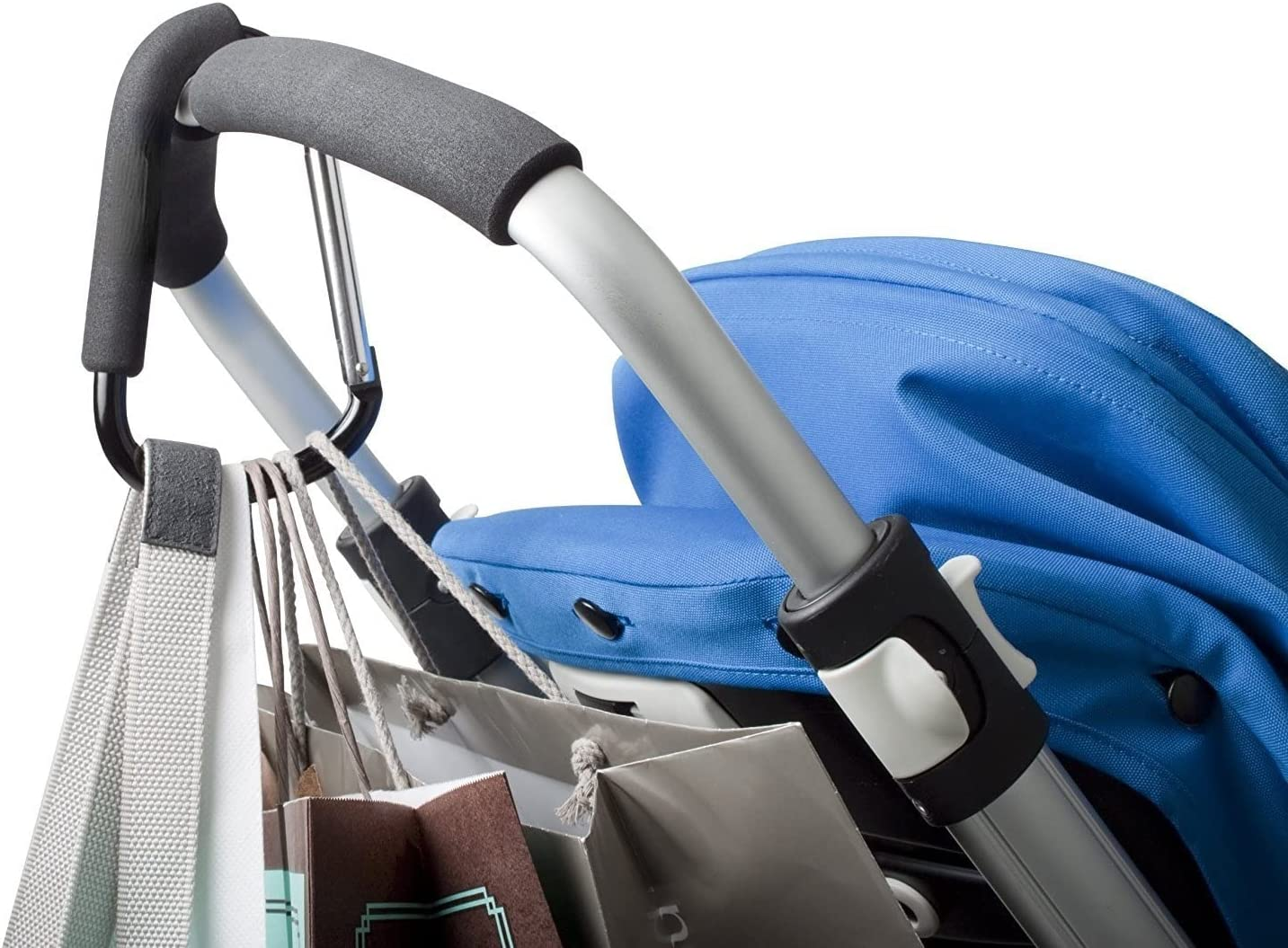 Stroller Hooks, Grocery Bag Shopping Bag Holder Handle Carrier Tool Multi Purpose Snap Hook Organizer Accessories with Soft Foam Grip, Pack of 2, Black - 14Cm*8Cm image number 1