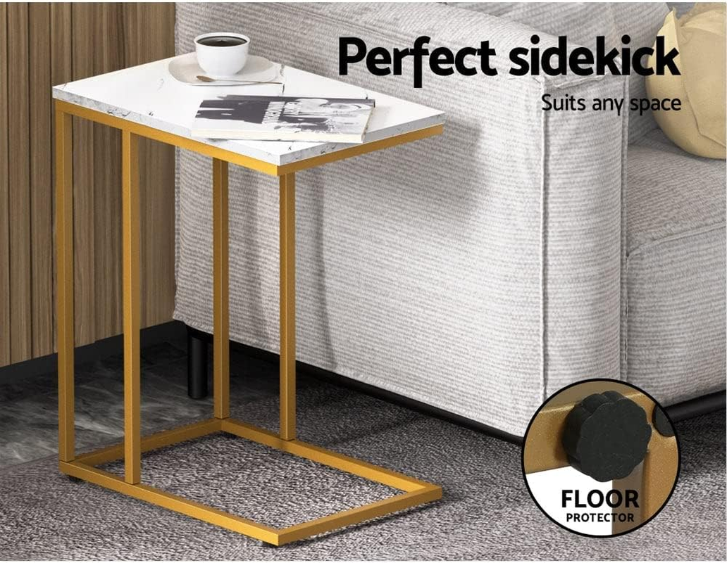 Artiss Coffee Table Marble Effect round Sofa Side Bedside Tables Laptop Desk, Home Furniture Living Room Office Wooden Rectangular End Golden Metal Frame Particle Board Simple Assembly image number 6