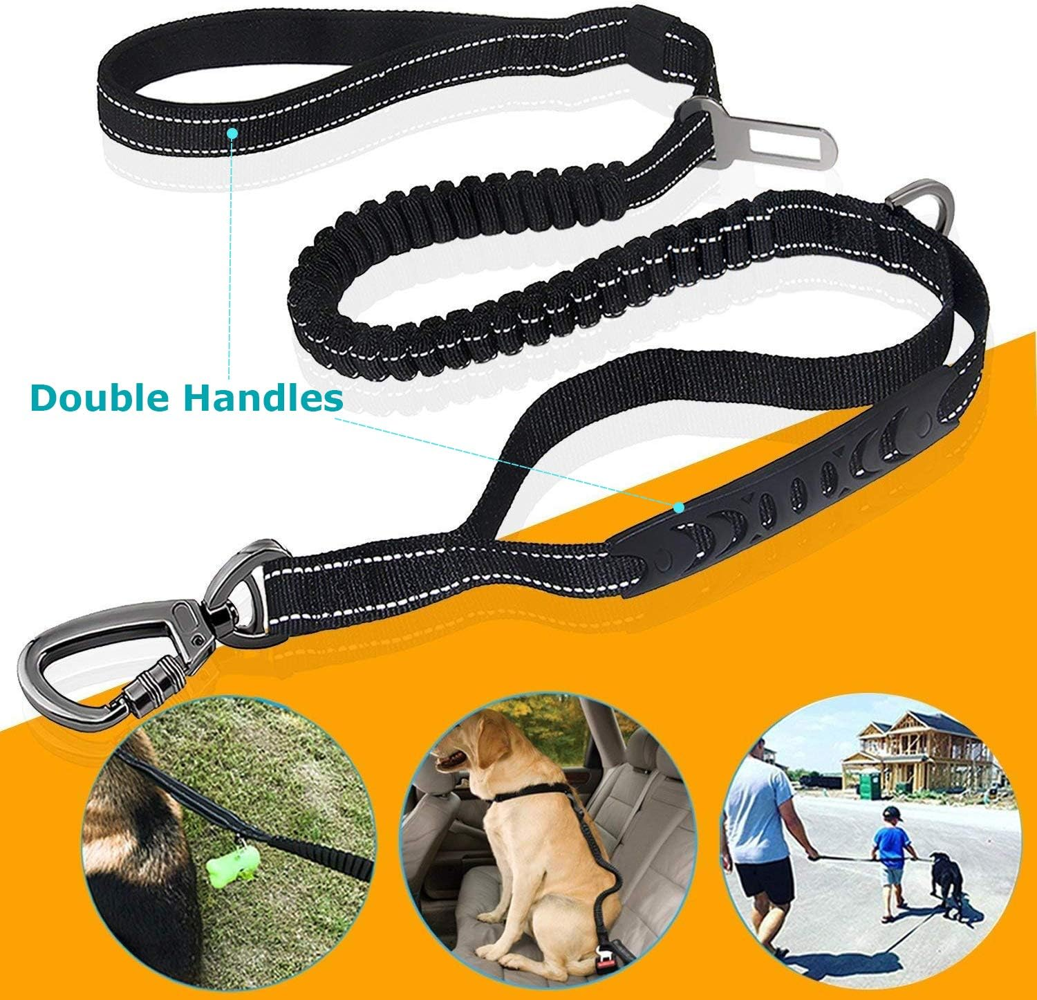 2 in 1 Dog Lead & Car Seat Belt, 150Cm Reflective Anti-Shock Bungee Dog Leash with 2 Handles for Medium/Large Dogs - Pet Car Safety Harness (Black) - Black image number 3