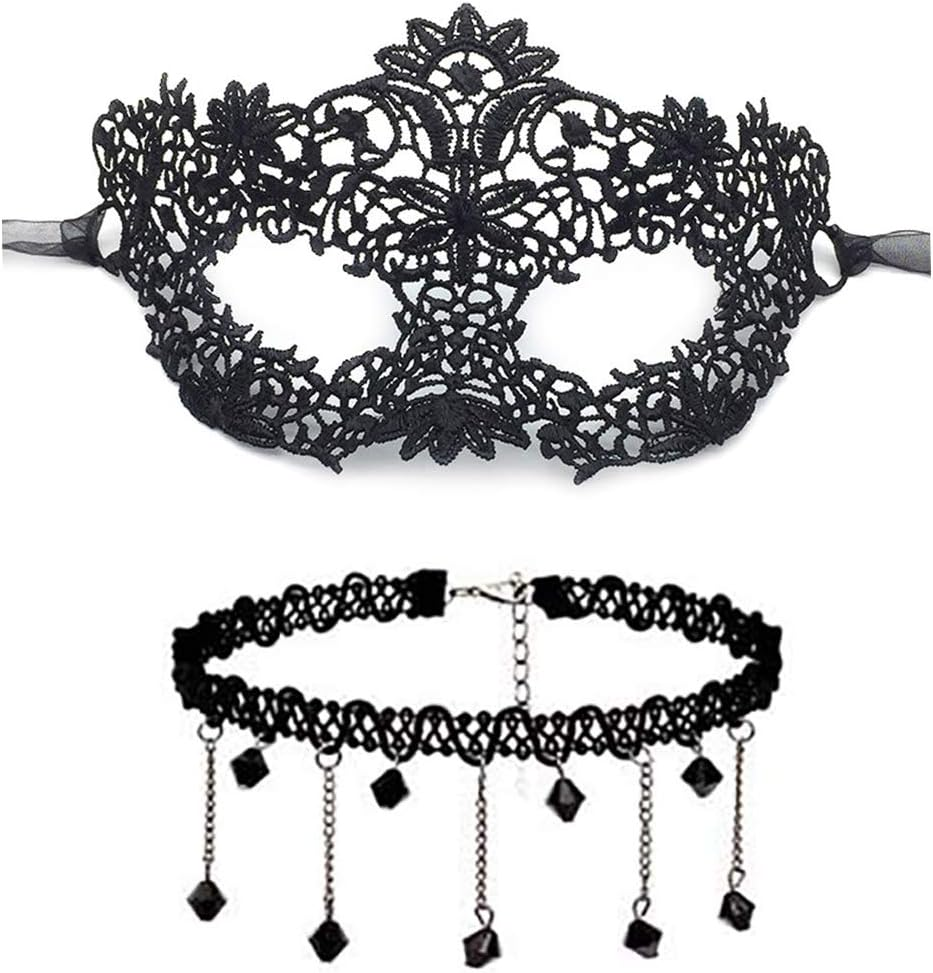 Masquerade Mask + Black Lace Choker Necklace for Women, Halloween Party Mardi Gras Mask Masquerade Costume Set