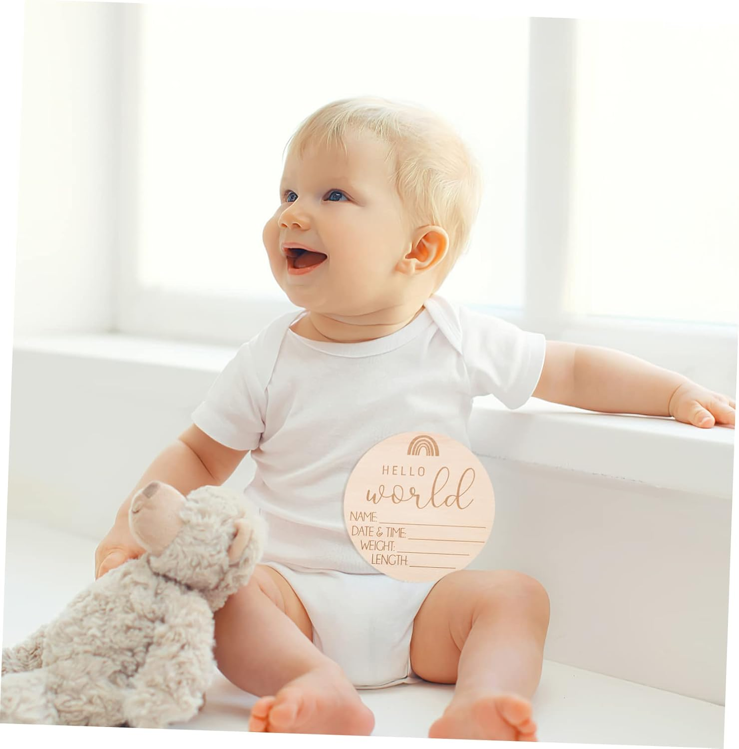 ERINGOGO 5Pcs Wooden Birth Announcement Sign Cards Rainbow Design Hospital Newborn Photo Props Smooth Polished Durable Plaques for Commemorative Photography image number 1