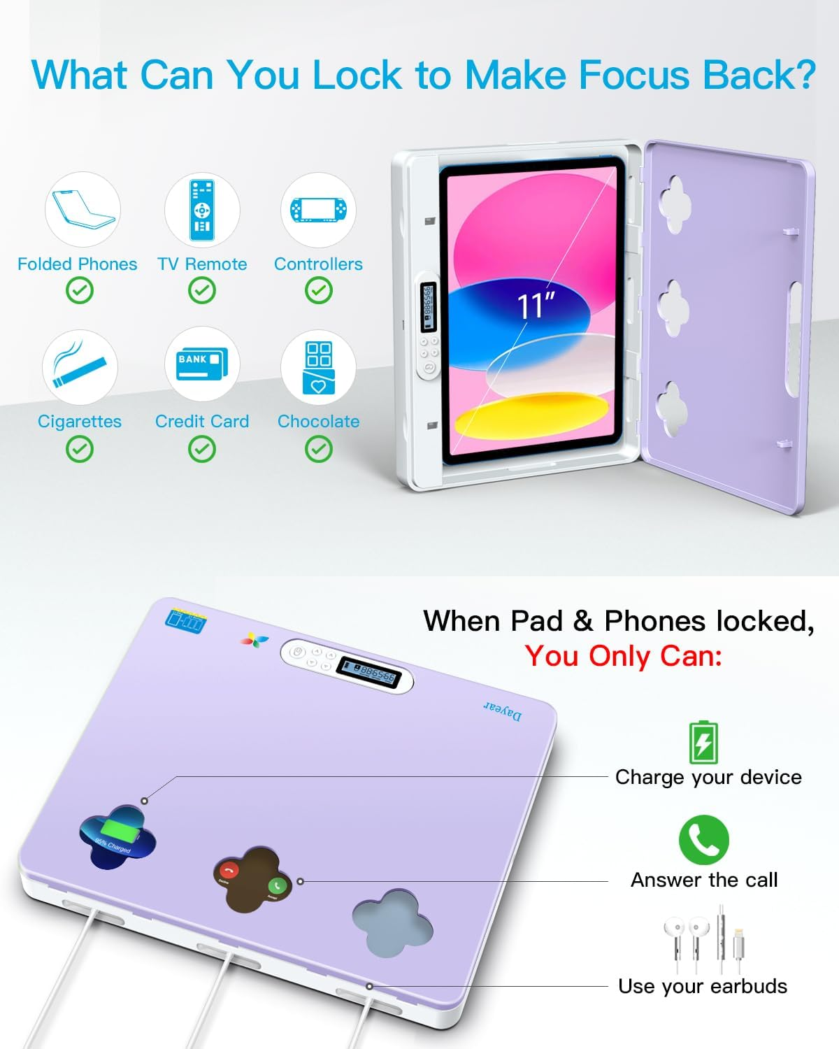 Dayear Phone/Pad Timer Lock Box, Self-Control Safe Lock Box for Ipad/Tablet/Tv Controller - Timed Locker to Help Kids, Students, Adults Lock Away Addiction/Temptation (Purple) image number 1