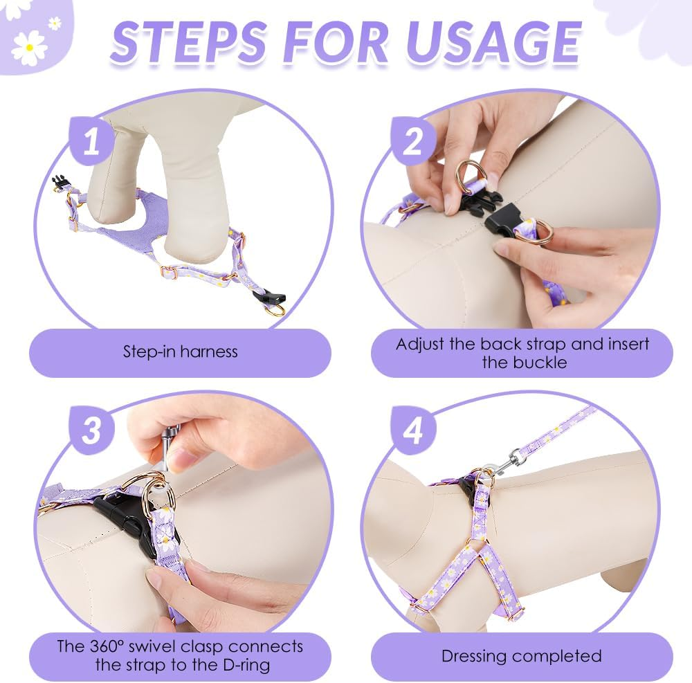 Slowton Puppy Harness and Leash Set, No Pull Adjustable Lightweight Soft Suede Pet Harness Vest with Snap Buckle for Puppy Small and Medium Sized Dog(Purple,Xxs) image number 6