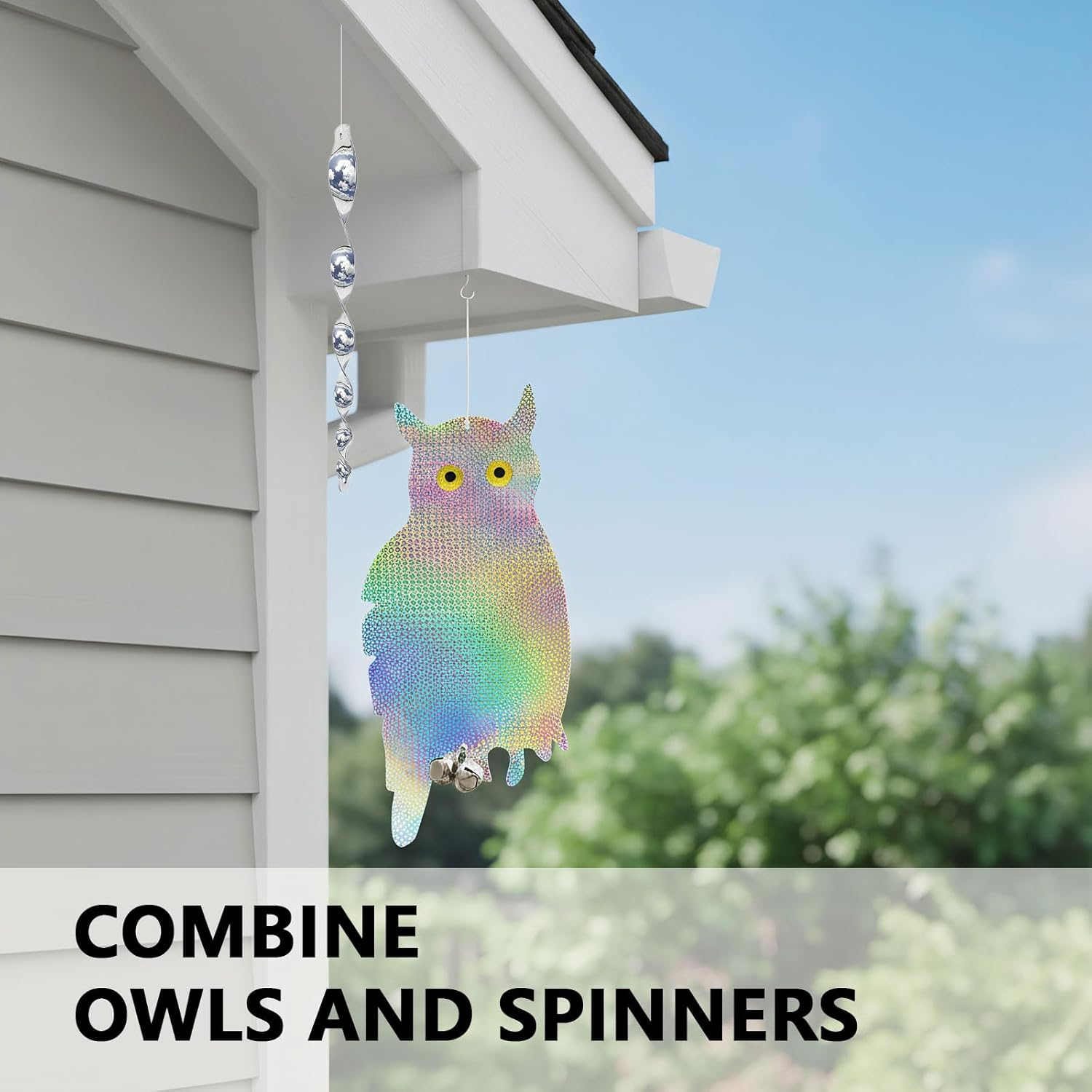 Reflective Owl Bird Deterrent and Repellent for Outdoor Garden Use, Bird Scarer, 2 Pack with Suction Cups and 12 Inch Spiral Rods- CRFY image number 1
