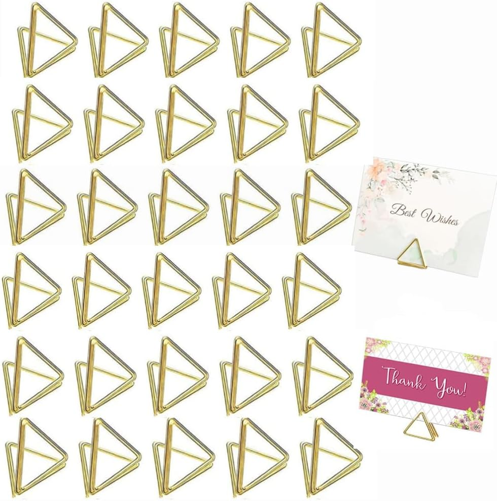 40Pcs Mini Place Card Holders, Triangle Shape Table Number Holder, Wedding Table Mini Name Card Holder, Memo Clip Photo Stands with Cards for Birthday Shower Office Home Decor(Gold) image number 6