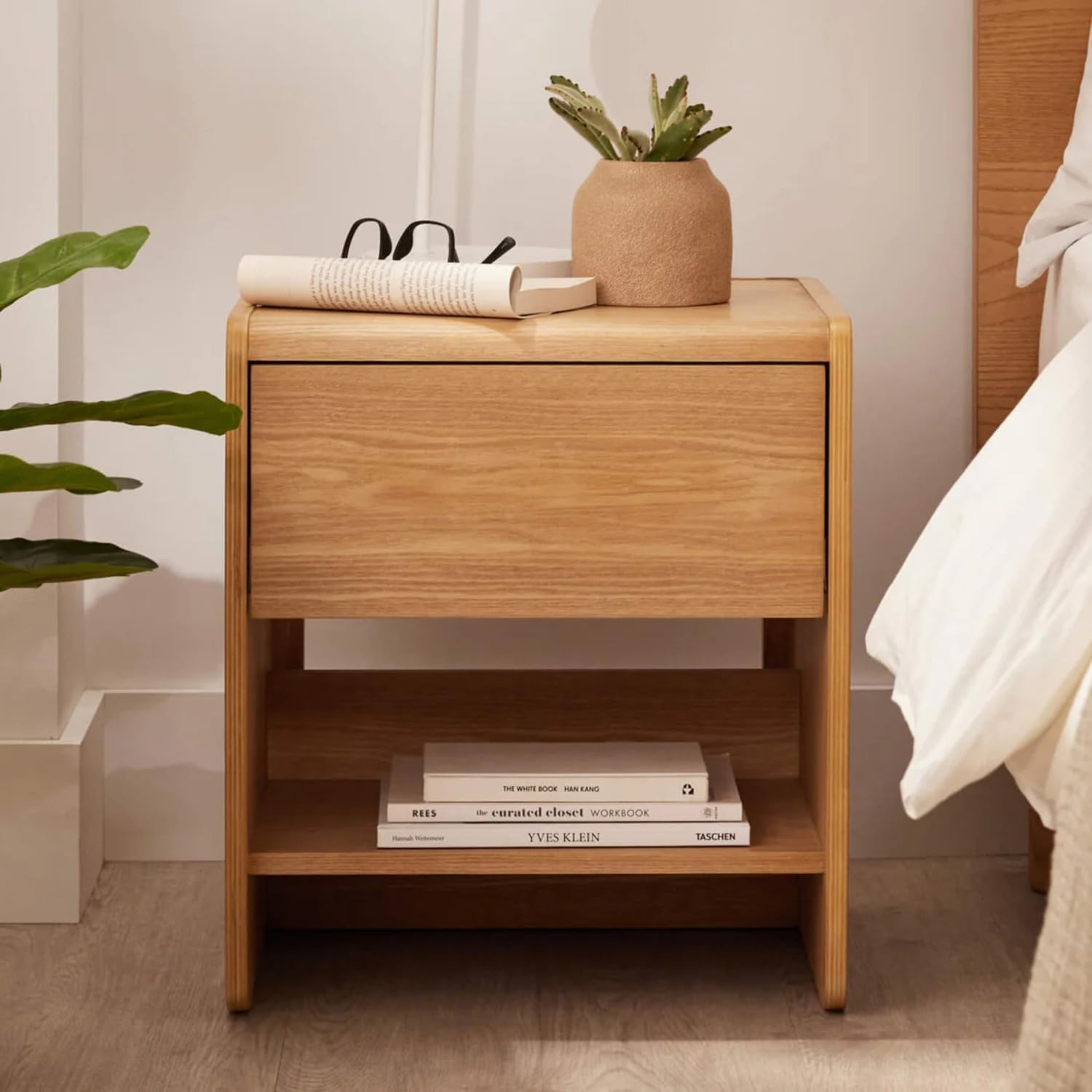 Koala Bedside Table with Cable Management System/End Table, Nightstand Small Storage Dresser for Bedroom/Oak Veneer, Iced Coffee image number 1