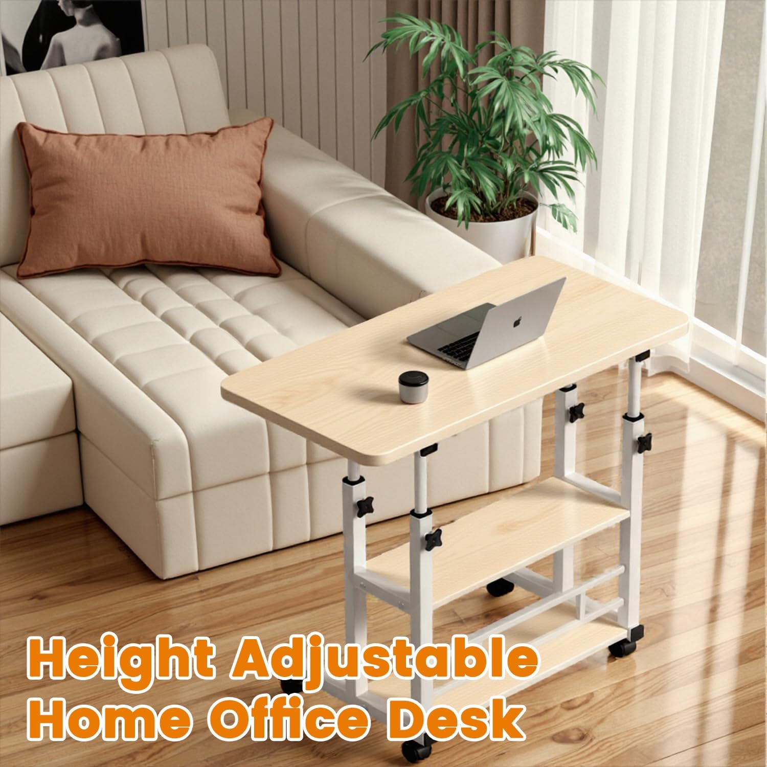 Height Adjustable Laptop Desk with Storage Shelf, Durable Computer Table with Rolling Wheel, Portable Side Table for Home Office Work Study Reading (Light Brown)