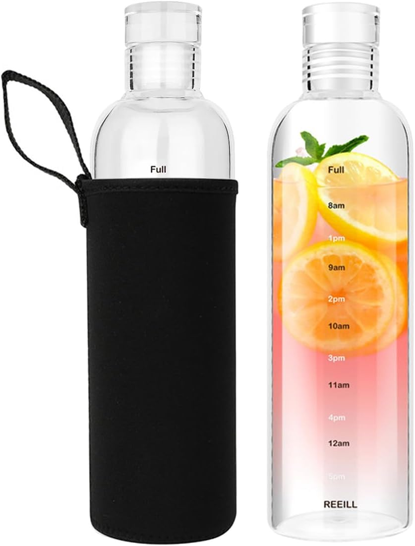 Hniuyun 500Ml Water Bottles with Time Marker and Non-Slip Sleeve, Reusable Clear Glass Drinking Bottles, Suitable for Office, Gym, Outdoors image number 2