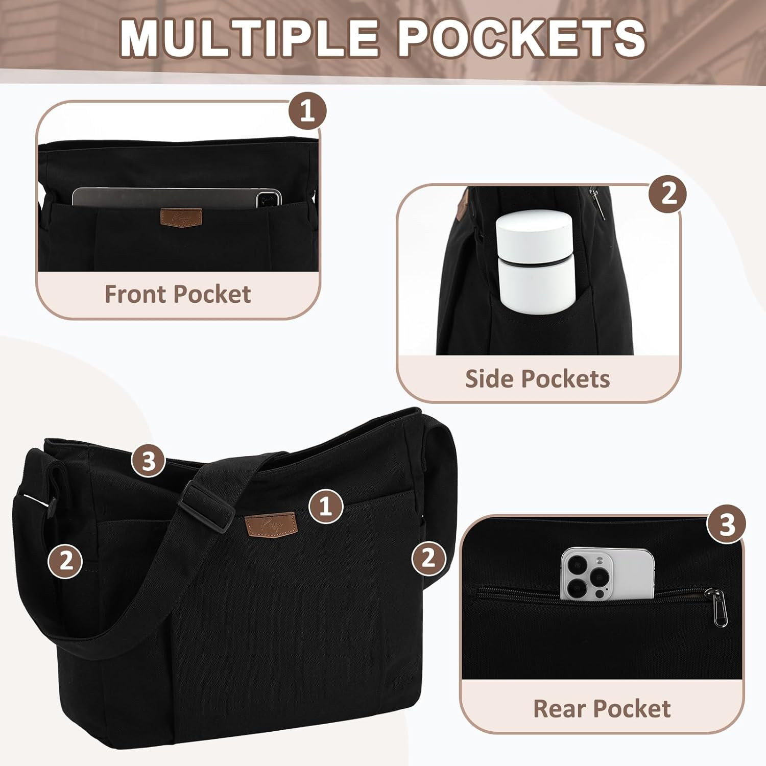 KASQO Canvas Messenger Bag, Large Lightweight Hobo Crossbody Tote Bag for Women Men Casual Shoulder Bag for College Travel Work image number 2