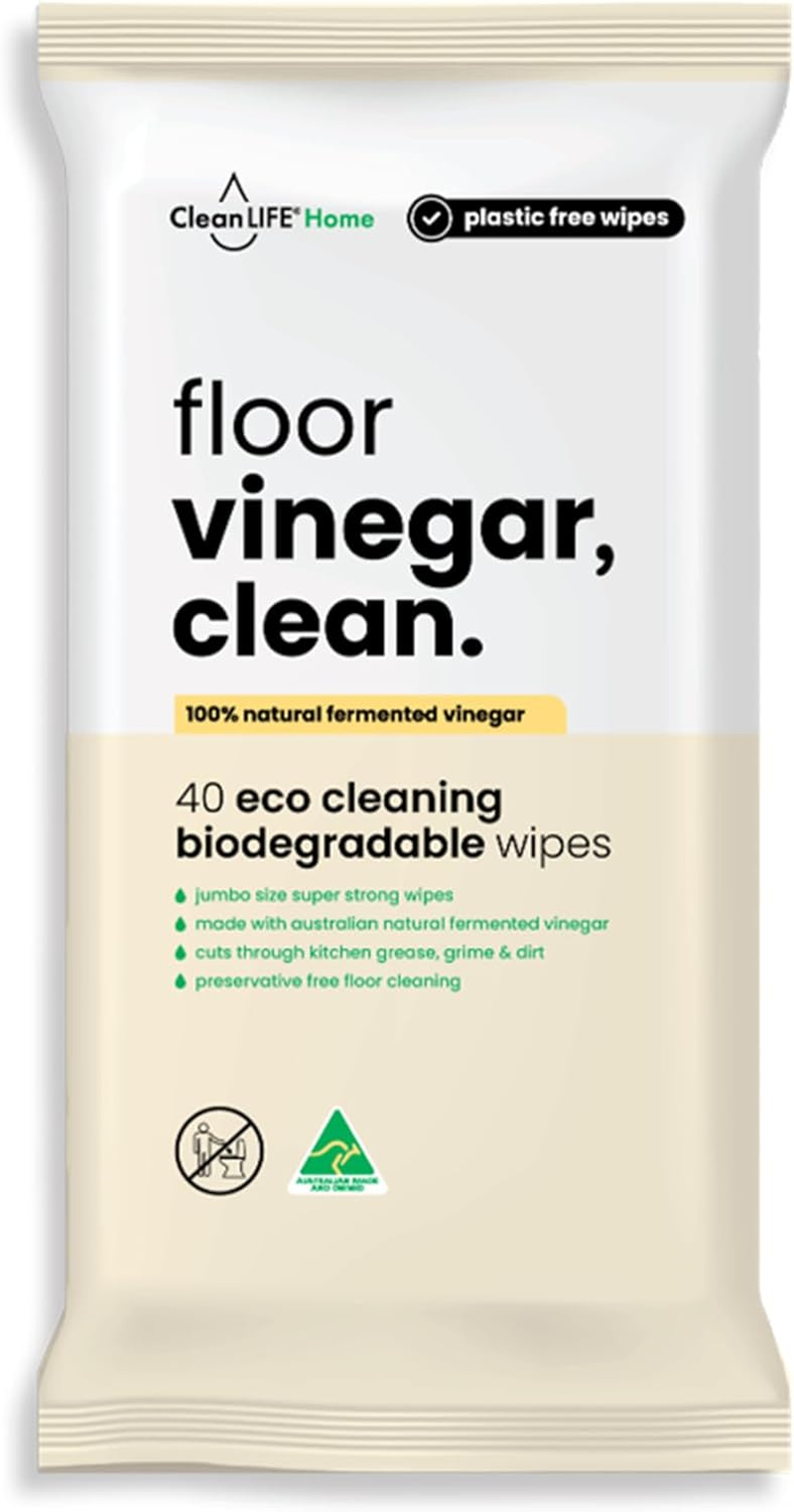 Cleanlife Floor Cleaning Wipes &ndash; Vinegar, Clean, 100% Natural Fermented Vinegar (9.99% Acetic Acid), Food Safe, Plant-Based, Preservative-Free, 40 Wipes, 5-Packs image number 5