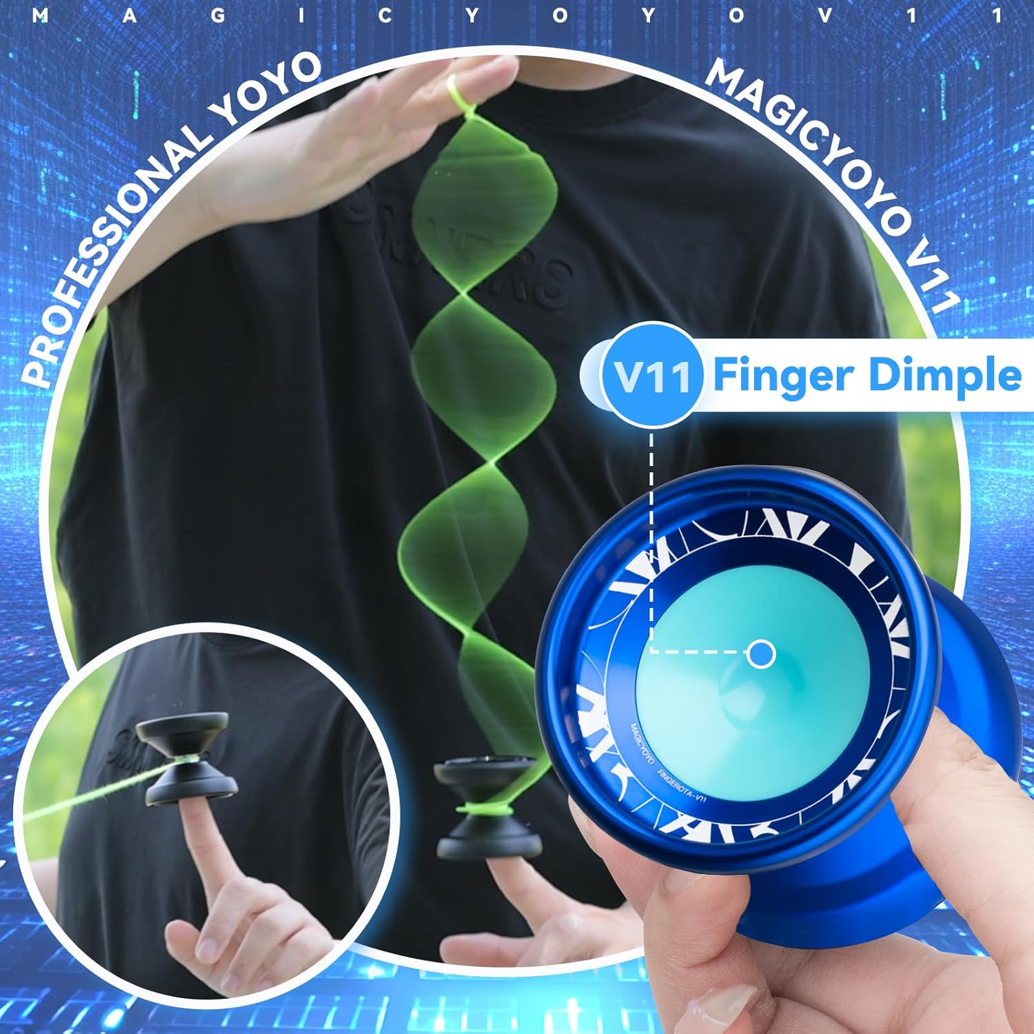 MAGICYOYO V11 Finger Spin Professional Unresponsive Yoyo for Intermediate Advanced & Extra Responsive Bearing for Beginners - Dual Purpose Trick + Glove + 12 Strings + Storage Case - Blue image number 4