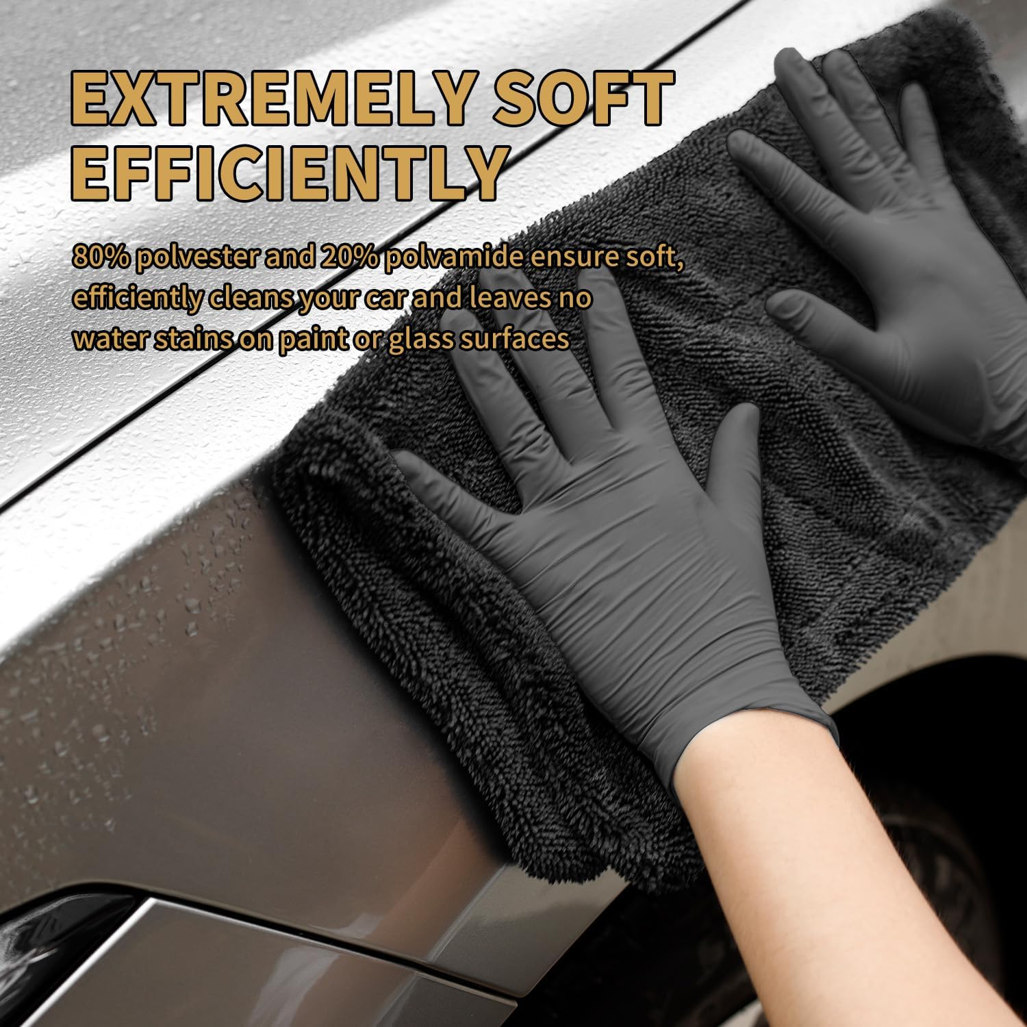 Car Drying Towel Set of 4,1300 GSM Microfiber Towels for Cars, 36" X 24" & 16" X 16", Ultra-Absorbent, Streak Free, Premium Microfiber Cleaning Cloth with Car Wash Mitt and Brush (4, Black)
