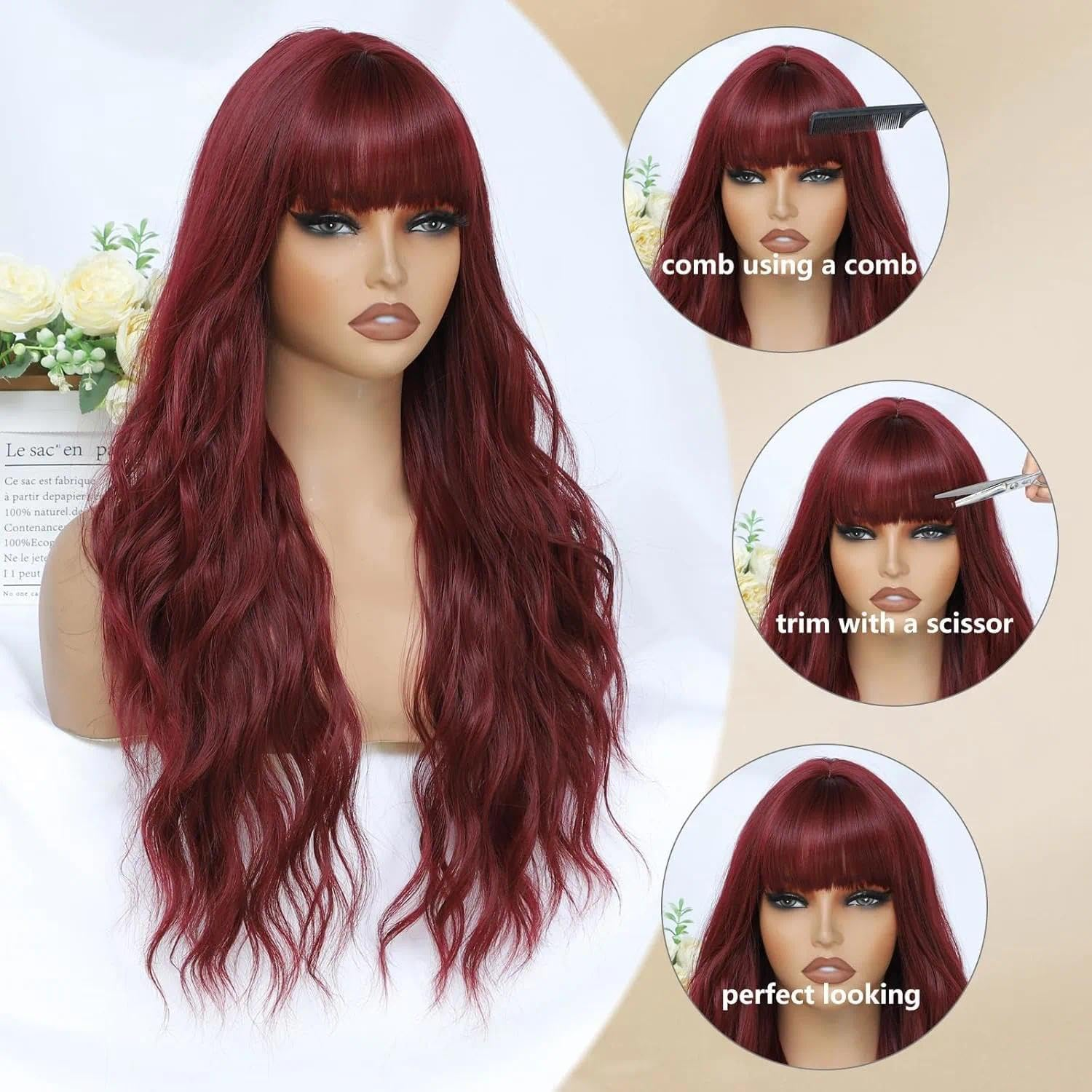 26 Inch Long Burgundy Wig with Bangs for Women, 26 Inch Heat Resistant Synthetic Fiber, Natural Looking Red Wavy Hair - Weidllys image number 1