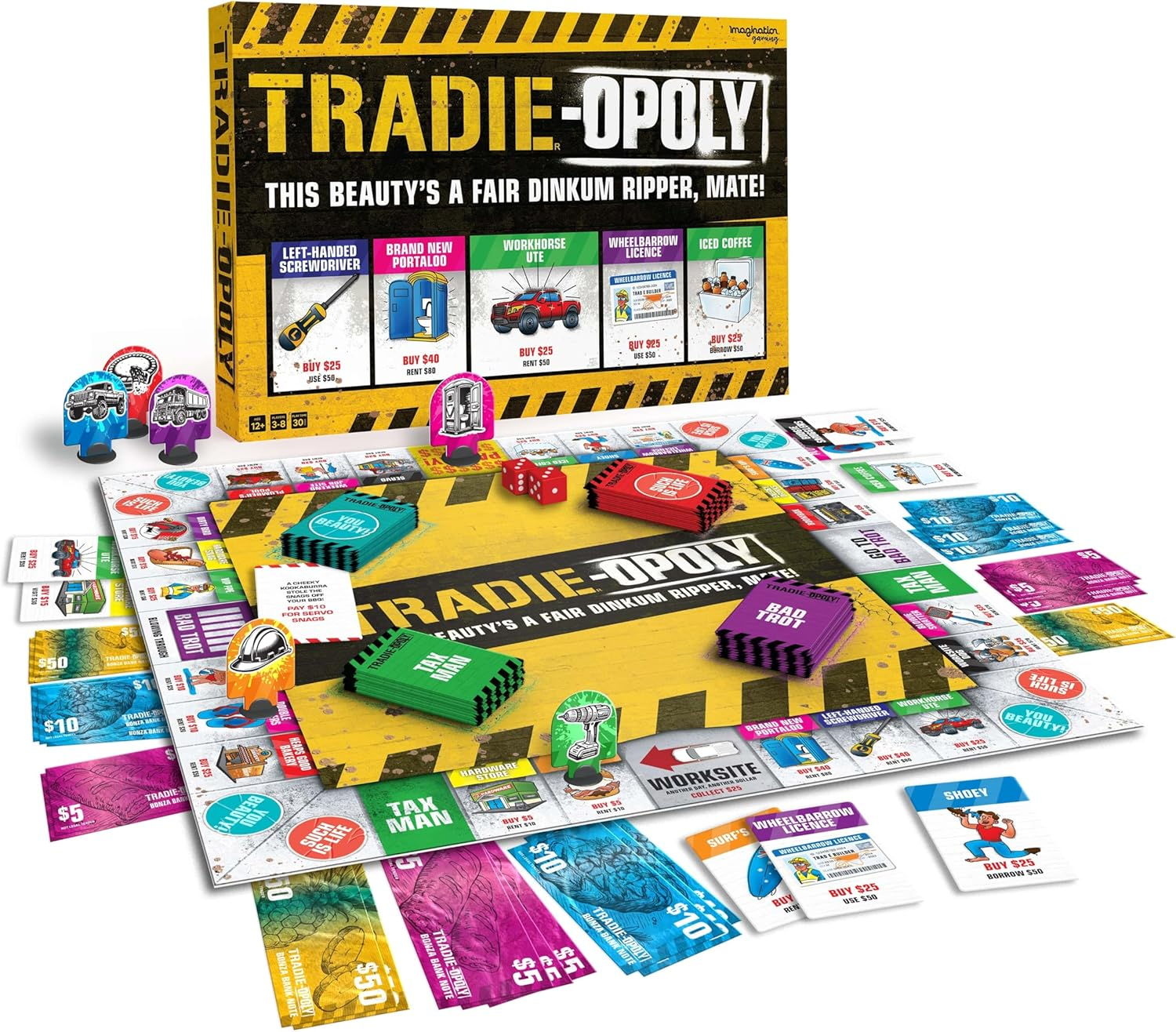 Tradie-Opoly Board Game | Aussie Tradie Edition | Fun Family Game Night for 2+ Players | Ages 12+ | Cheeky, Fair Dinkum for Tradies | Hilarious Aussie-Themed Monopoly-Style Game