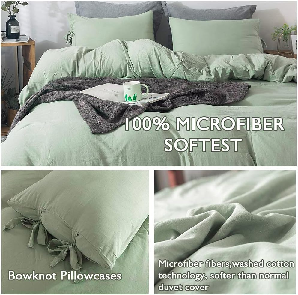 Annadaif Sage Green Duvet Cover Queen Size, 3 Pieces Soft Washed Microfiber Duvet Cover Set, Comforter Cover with Bowknot Bow Tie (1 Duvet Cover 90X90 Inch, 2 Pillowcases) Easy Care Bedding Set image number 4