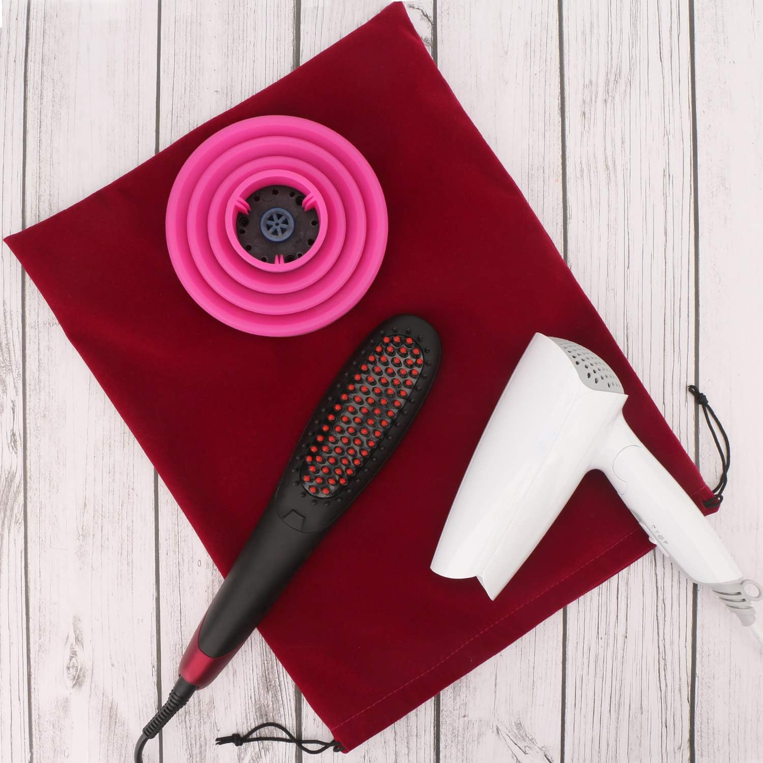 3Pcs Hair Dryer Storage Bag, Segbeauty Blow Dryer Bag, 11.8X15.7 Inches Satin Lined Organizer with Drawstring Wine Red Velvet Pouch Bag for Diffuser Straighteners Brush Clothes Gift Present image number 1