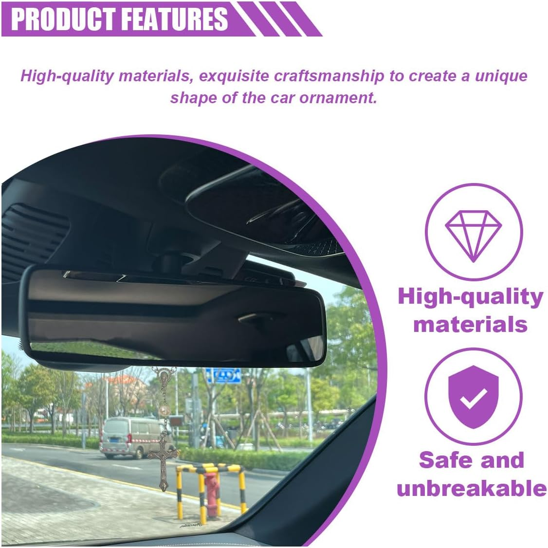 2PCS Rosary for Rearview Mirror, Purple Pendant Interior Charm Auto Decors, Medal and Cross Personalized Hanging Accessories for Women Men (Purple) - Ceramic image number 5