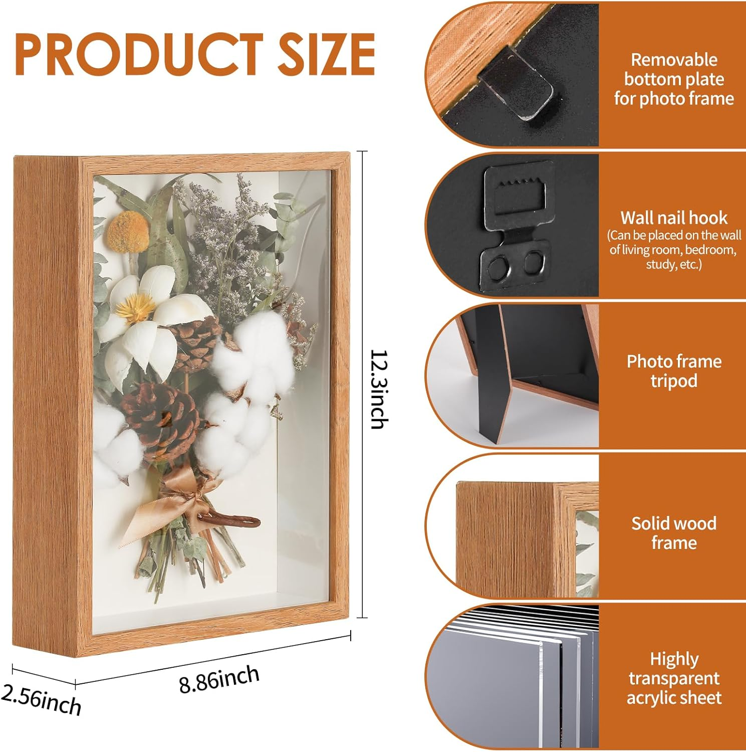 Box Frame, Flower Frame, 3D Picture Frame, Box Picture Frame for Dried Flowers, Crafts, Photos, Money, and Stamps. Great as a Gift for Friends or as Room Decor (Nut-Brown) image number 3