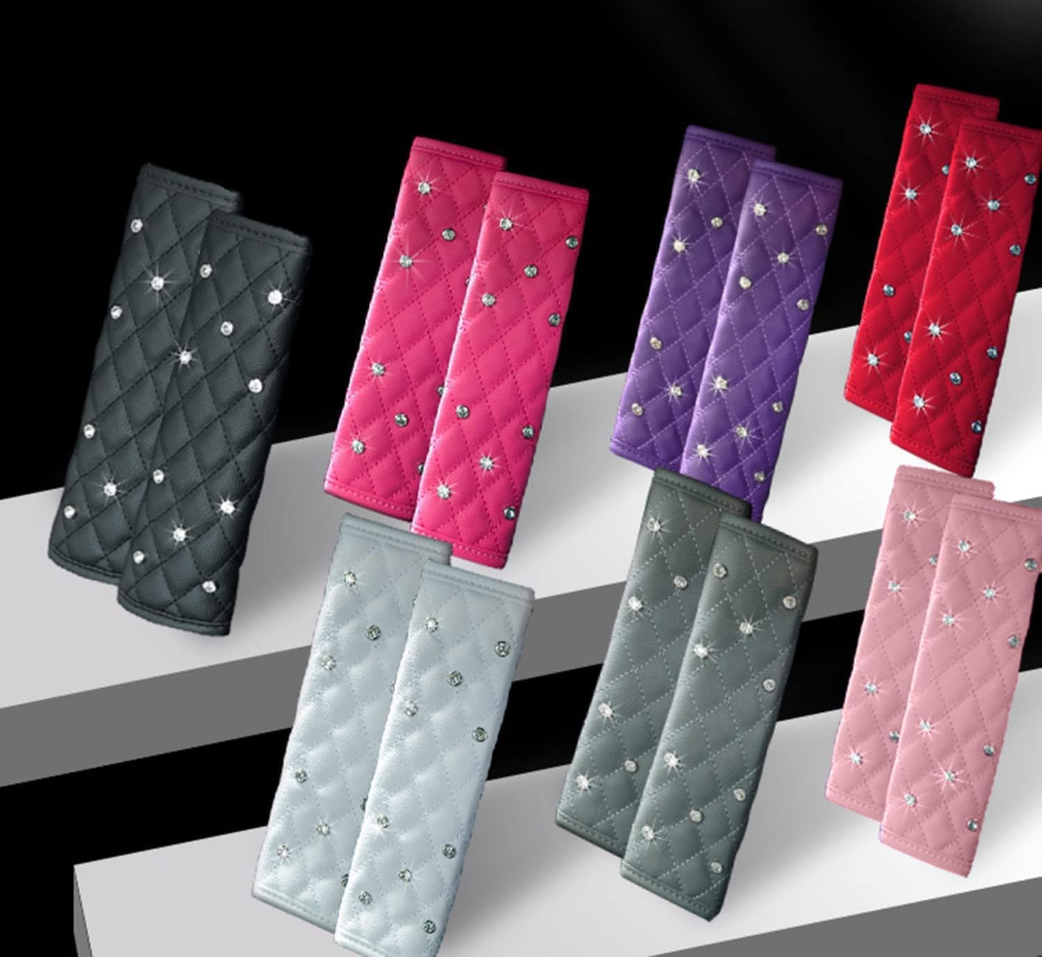 Seatbelt Shoulder Pads Leather Luster Crystals Seat Belt Covers Universal Fit Car Decor Accessories for Women Girl (Pink, 24 * 5CM) image number 3