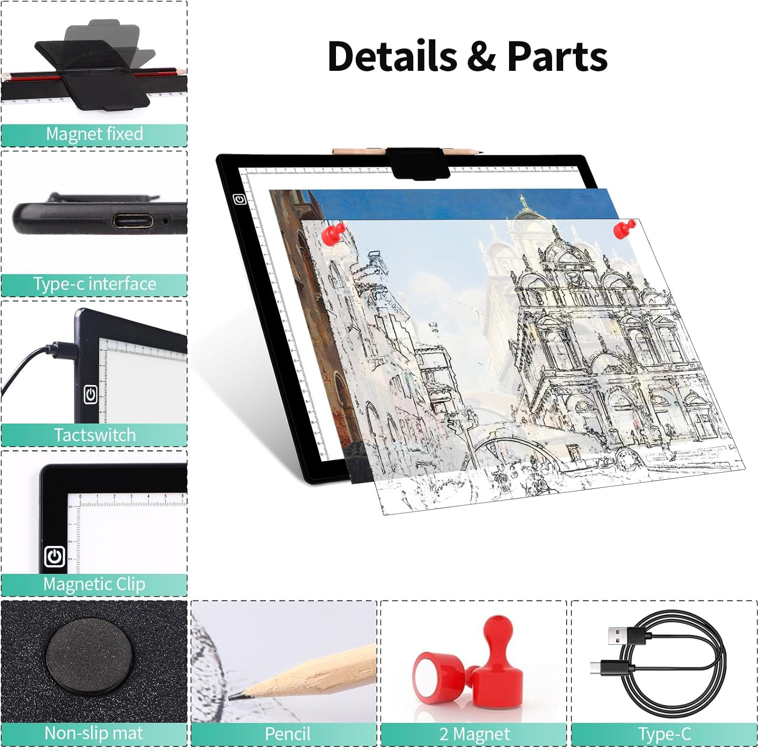 A3 Light Pad, 6 Levels&Stepless Dimmable Diamond Painting Light Board, Ultra-Thin Tracing Light Box with Magnetic Clip, Portable LED Light Pad for Weeding Vinyl Drawing Sketching image number 5