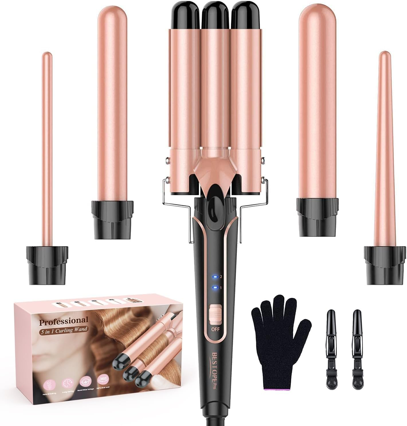 Waver Curling Iron Curling Wand - BESTOPE PRO 5 in 1 Curling Wand Set with 3 Barrel Hair Crimper for Women, Fast Heating Crimper Wand Curler in All Hair Type - Rose Gold image number 4
