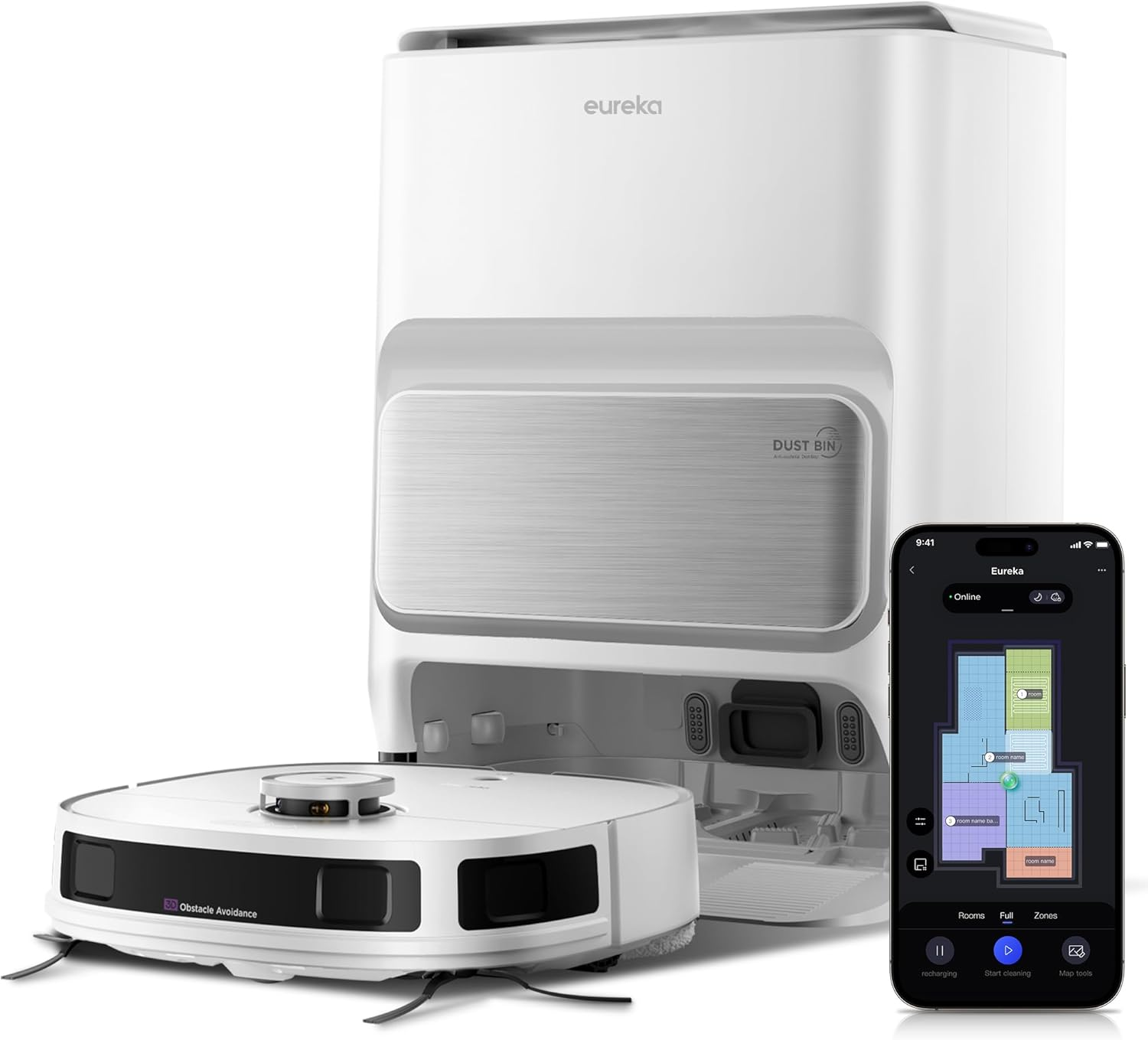 Eureka J12 Ultra Robot Vacuum Cleaner and Mop, Auto Clean and Auto Empty, 5000PA Suction, 3D Dual Laser+Ai Obstacle Detection, Dual Spinning Mops, Self-Washing and Self-Drying, Work with Alexa, White image number 3