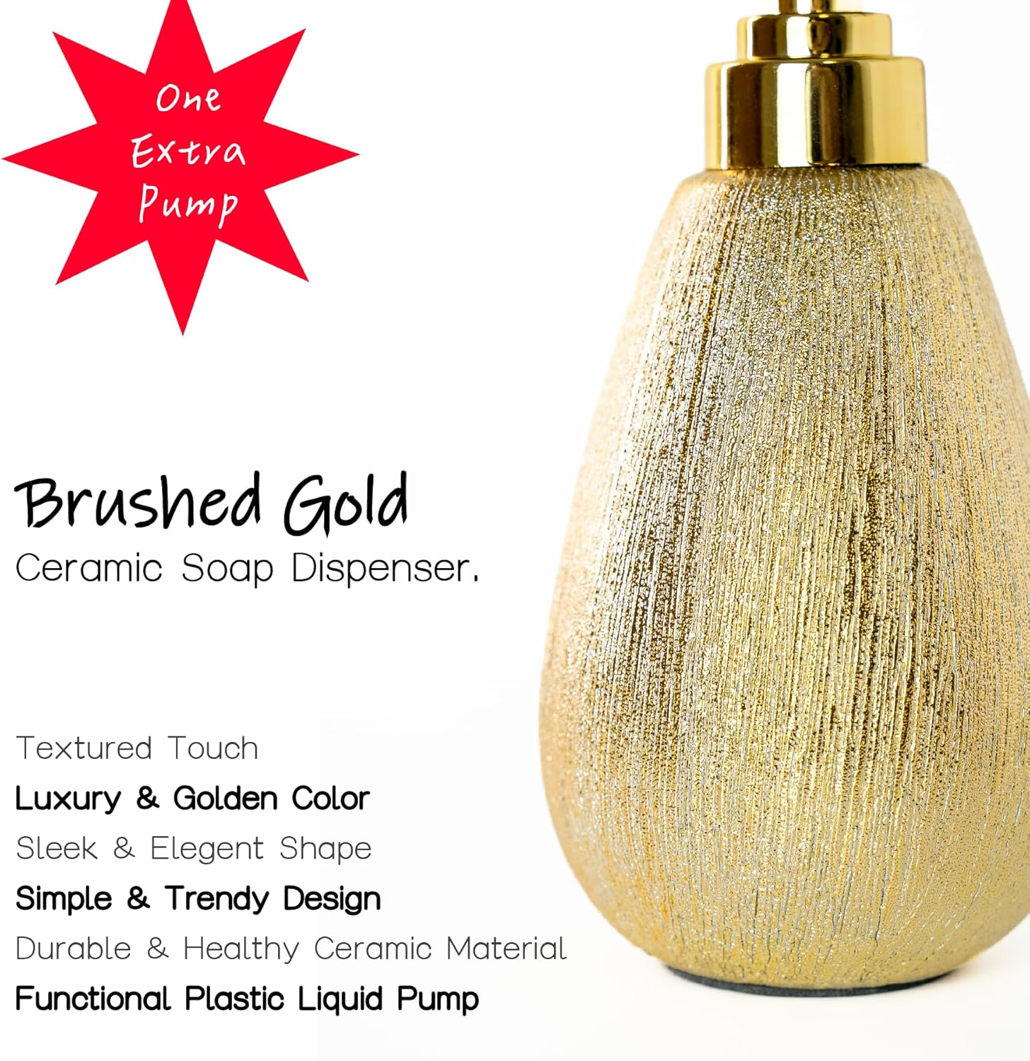ABBI NIMO Brushed Gold Ceramic Soap Dispenser for Bathroom Kitchen 2 Pack, Luxurious Textured Hand Soap Dispenser for Countertop, 11 Oz Refillable Dish Soap Dispenser with Golden Plastic Pump image number 1
