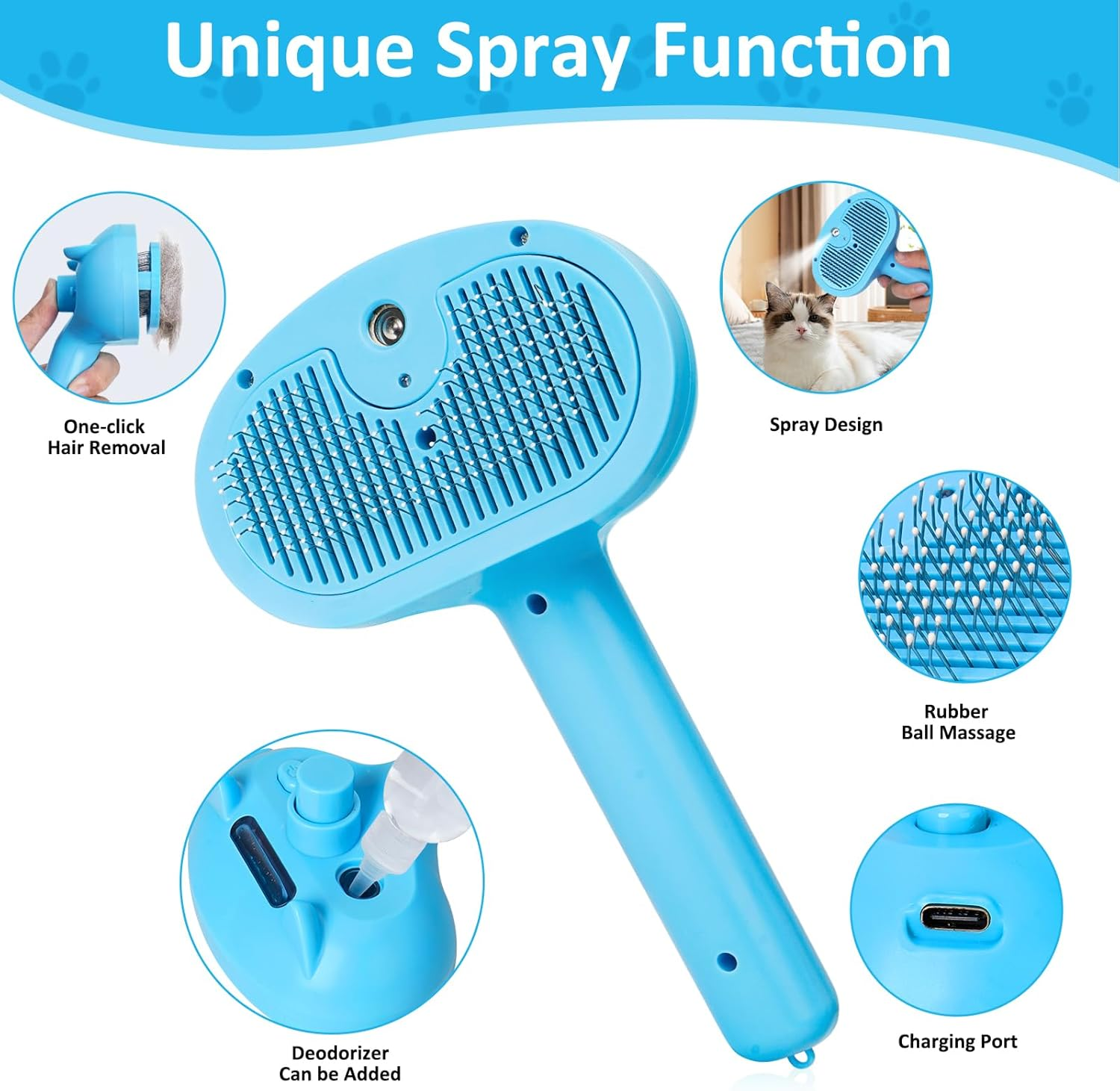 Spray Comb for Cats, Steamy Cat Brush, Cat Brush with Release Button, Cat Brush, Short Hair, Pet Dog Brush, Cat Brush, Multifunctional Cat Spray Massage Comb, Blue image number 1