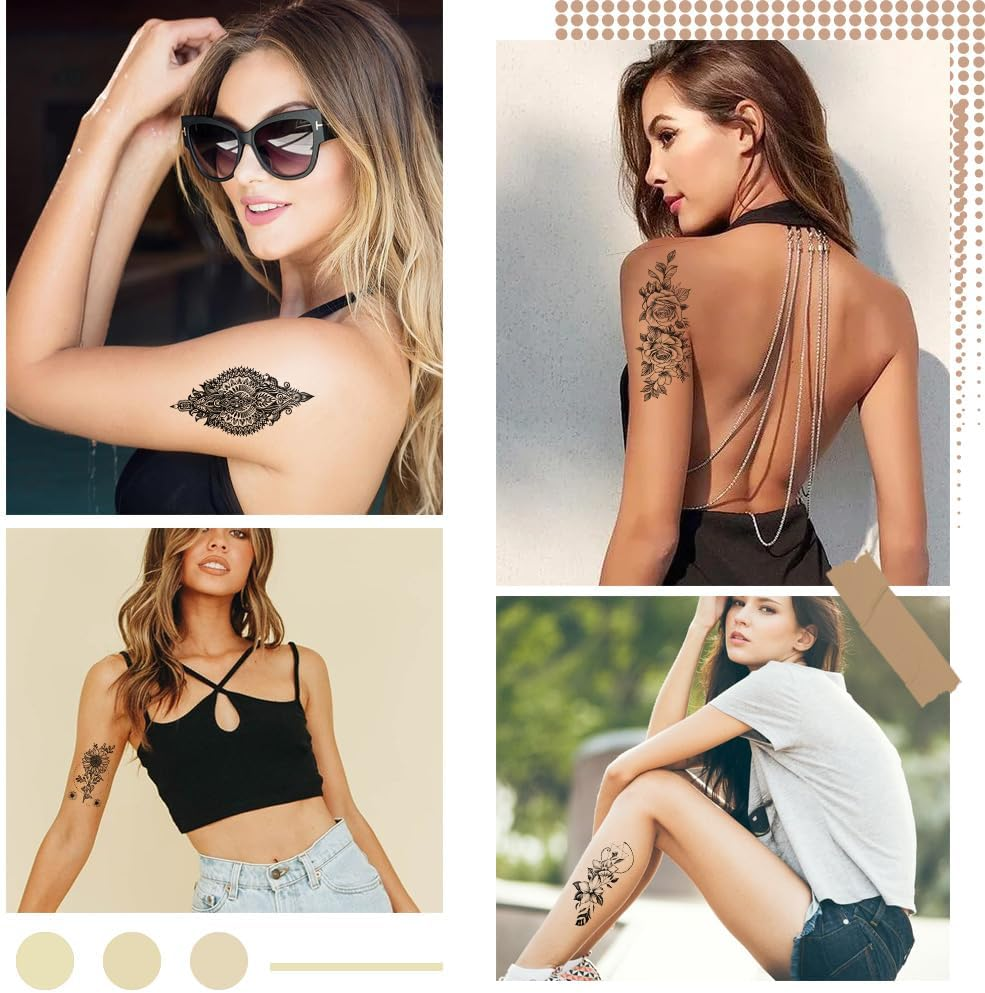 Craspire 30 Sheets Black Flowers Temporary Tattoos Women Men Removable Floral Rose Leaf Branch Sticker Paper Waterproof Realistic Long Lasting Make up for Body Clavicle Arm image number 6