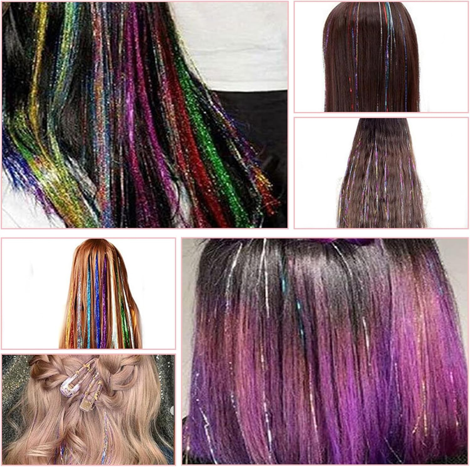 VEGCOO Coloured Hair Extensions 4400 Strands, Hair Tinsel Kit 20 Colors with Tools, Glitter Synthetic Straight Hair Extension Clips Party Highlights Hair Accessories for Kids Girls Women image number 5