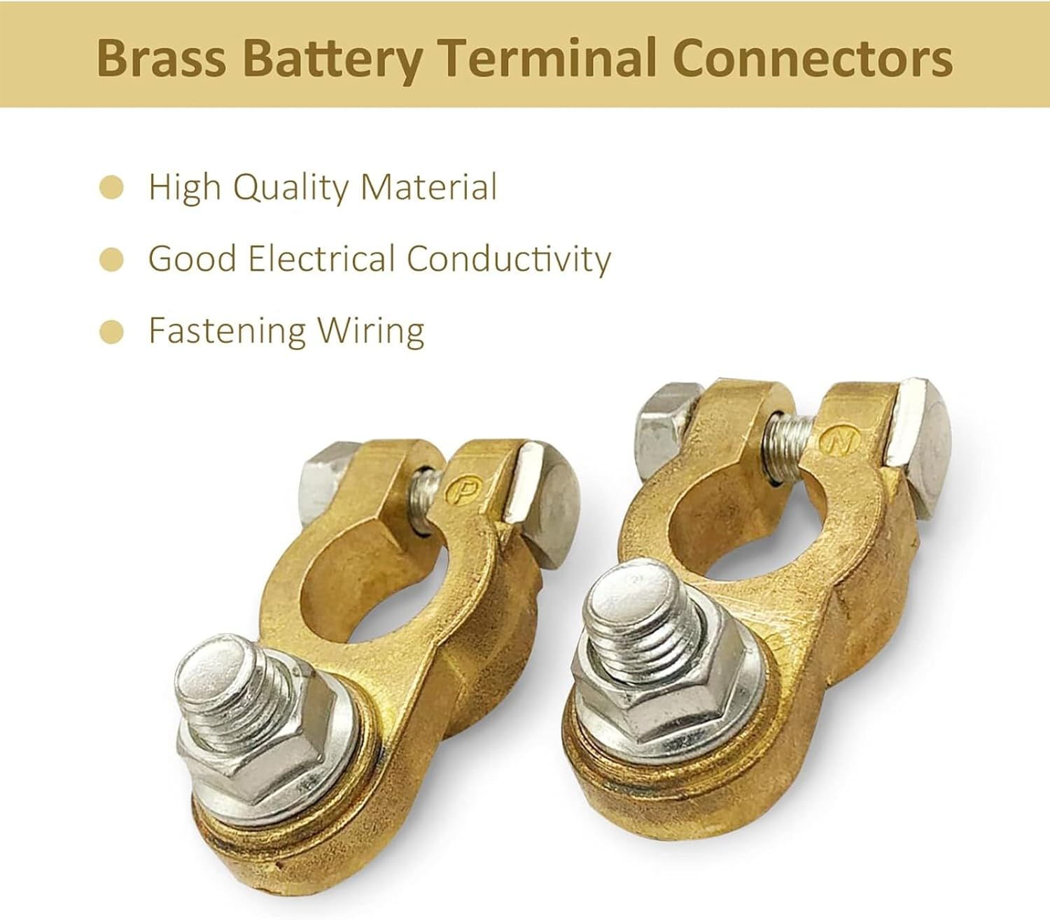 Qioon Brass Battery Terminal Connectors, Car Battery Top Post Clamp Set, P+ N- Pole Clamp for Marine, Boat, Truck, RV, Vehicle (1 Pair) image number 3