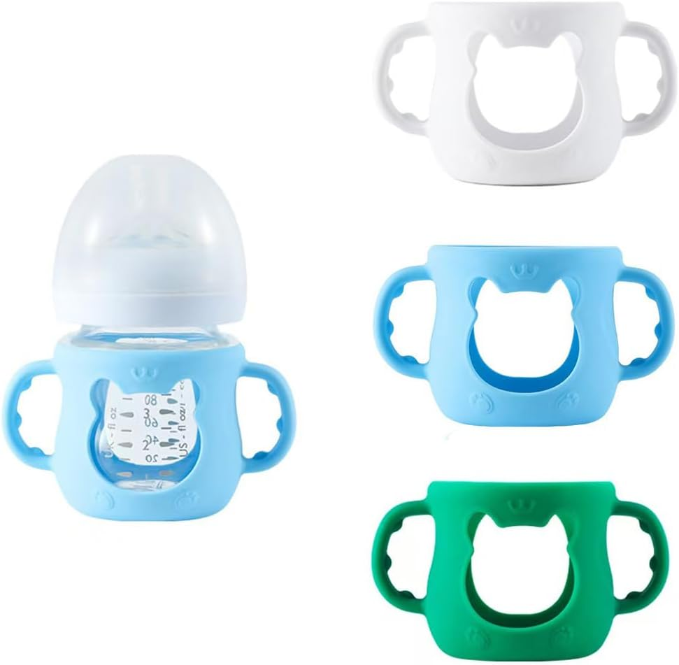 3 Pack Silicone Sleeves for Avent Baby Bottles with Handles, Compatible with Philips Avent Natural Glass Baby Bottles 240Ml, and Easy to Clean and Sterilize. (White+Blue+Green, 240Ml)