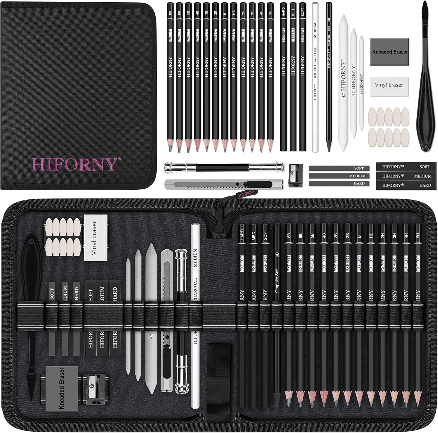HIFORNY 42 PCS Drawing Set, Sketching Kit with Graphite & Charcoal Pencils, Blending Tools, Erasers & Accessories, Portable Zippered Travel Case for Artists & Beginners image number 1