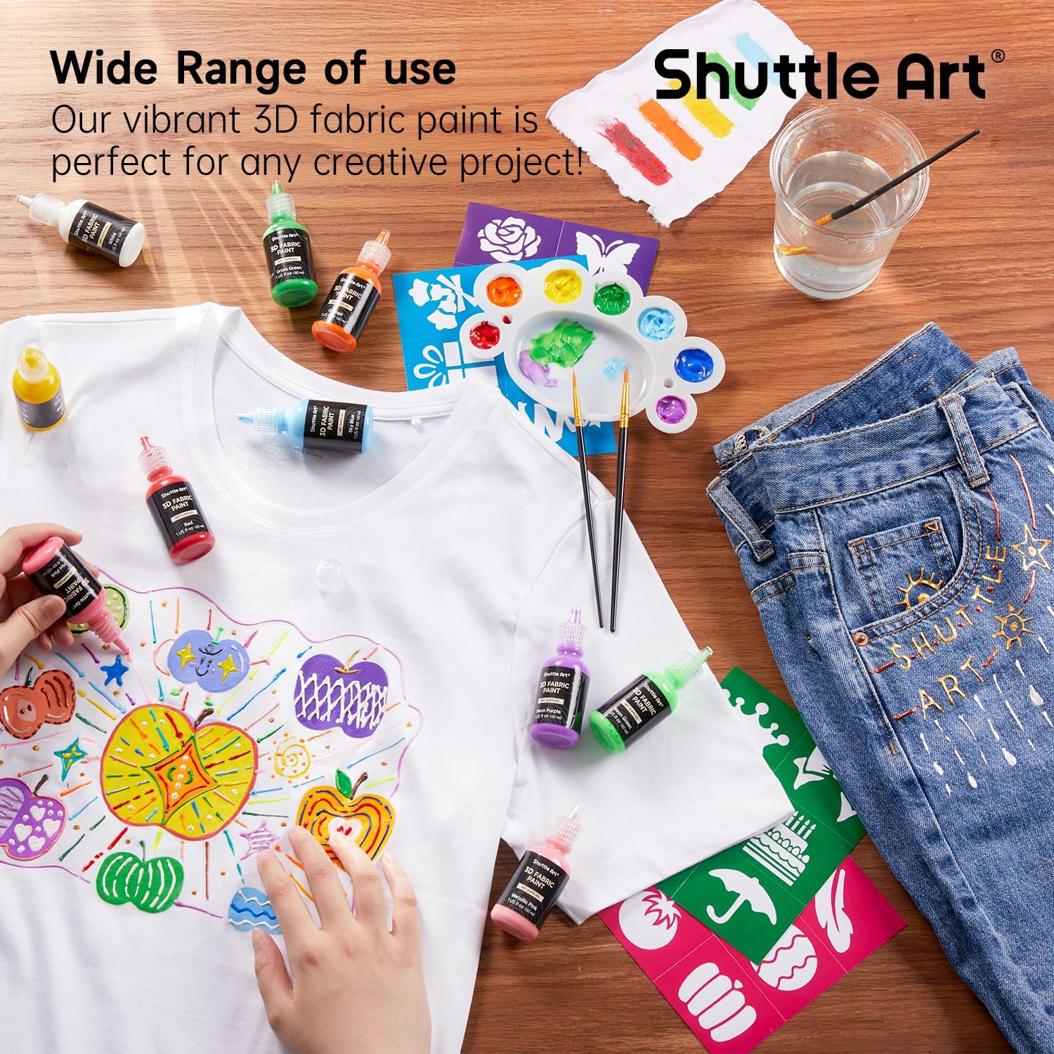 Shuttle Art Fabric Paint Set, 45 Colors 3D Permanent Paint with Brushes Palette Pen Fabric Sheet Stencils, Glow in the Dark, Glitter,Metallic Colors for Textile Fabric T-Shirt Jeans Glass image number 3