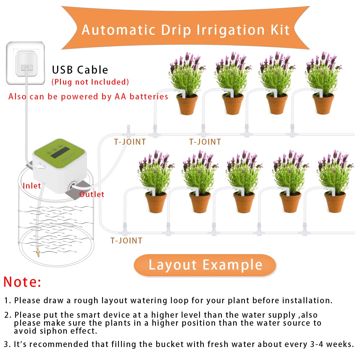 UCINNOVATE Upgraded Automatic Drip Irrigation Kit with Timer, Self Watering System with DIY 30-Day Programmable, Houseplants Greenhouse Watering Equipment for Potted Plants Powered by USB & Battery image number 4