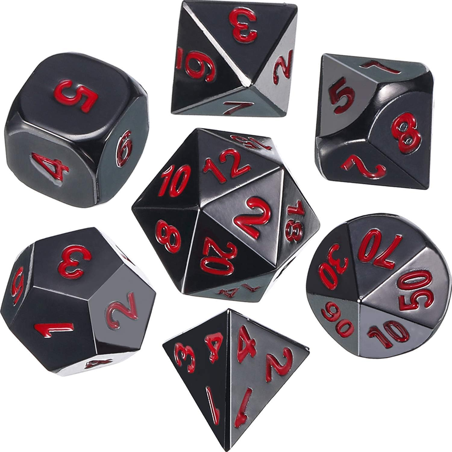 Zinc Alloy Metal Polyhedral 7-Die Dice Set for Dungeons and Dragons RPG Dice Gaming D&D Math Teaching, D20, D12, 2 Pieces D10 (00-90 and 0-9), D8, D6 and D4 (Black and Red) image number 2