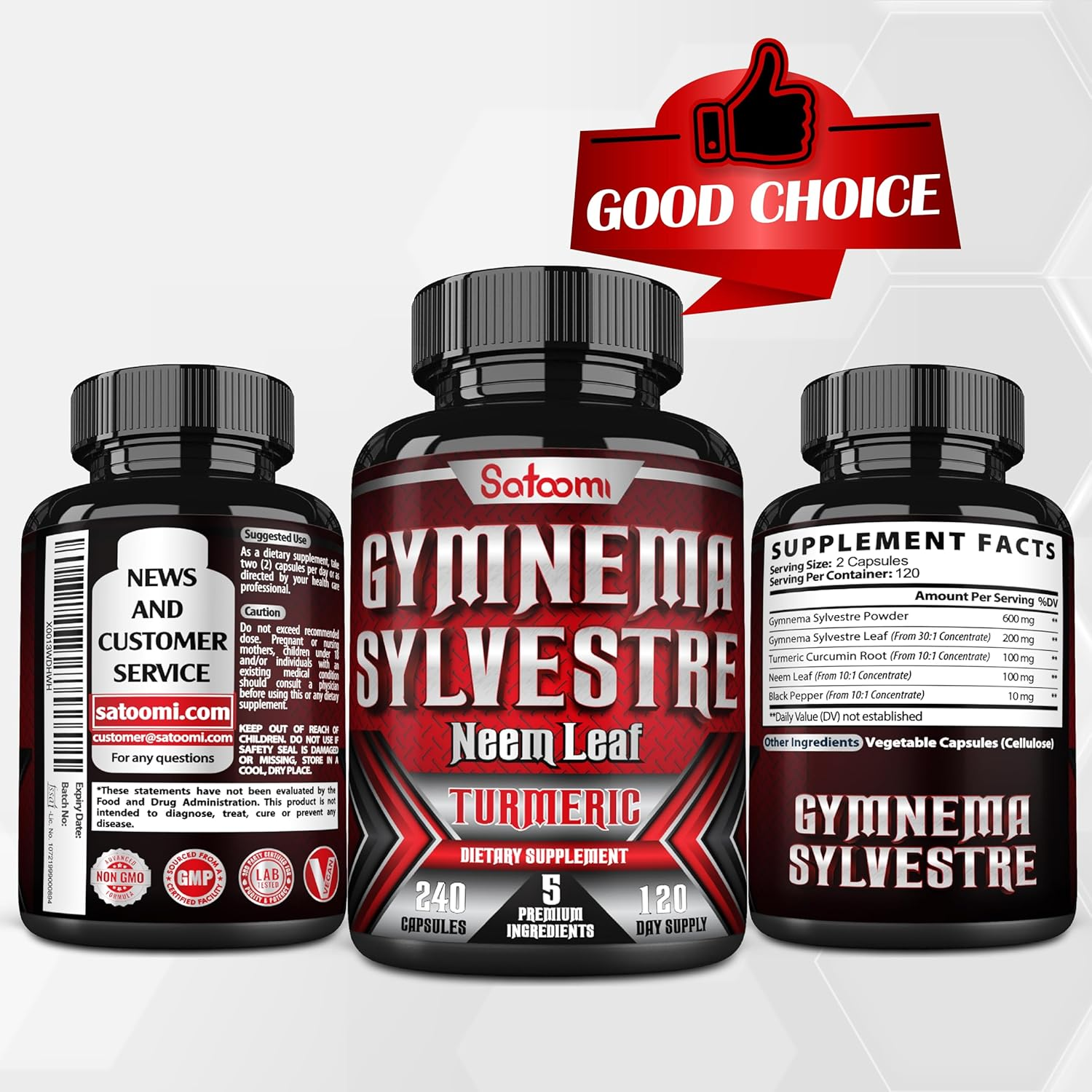 SATOOMI Gymnema Sylvestre Extract Capsules - with Turmeric, Neem Leaf & Black Pepper - 240 Vegan Caps for 4 Months - Non-Gmo, Gluten Free image number 2