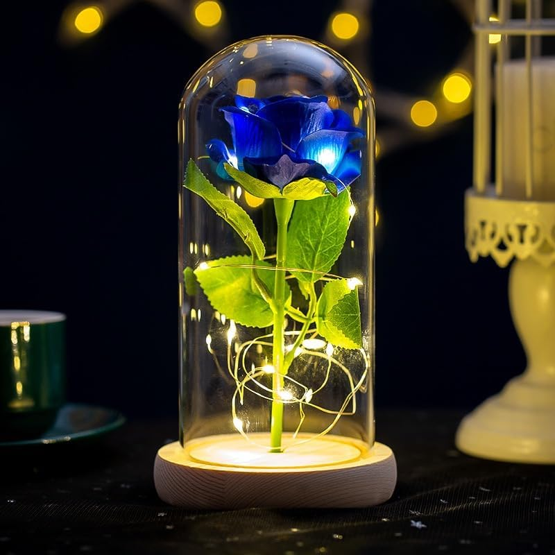 Simulation Rose Flower Preserved Plastic Beauty Red Roses Flowers in Glass Dome, Birthday Gifts Women, Artificial Rose with Led Light, Unique Gift, Valentine'S Day Gifts (Blue) image number 3