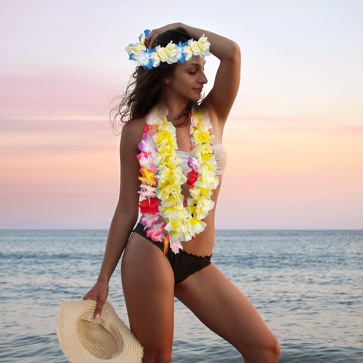 Gooduping 50 PCS Hawaiian Leis Luau Party Decorations Tropical Party Favors Lei Hawaiian Flower Hair Clip,Headbands and Wristbands Perfect for Your Hawaii Luaus Party. image number 2