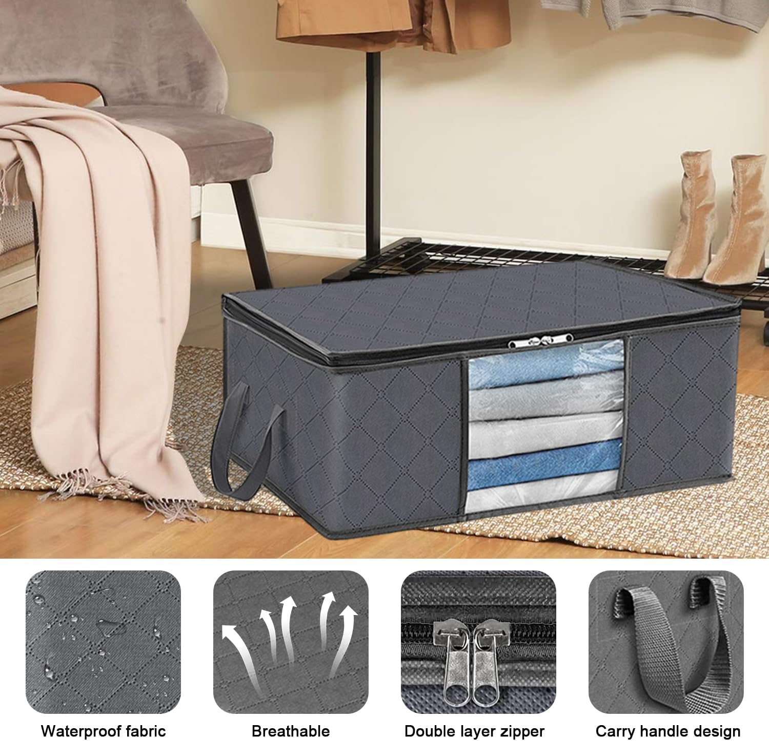 LAMCAN 6 Pack Linen Storage, 35L Storage Bags, Foldable with Reinforced Handle. Wardrobe Clothes Organiser, with Transparent Window, for Organizing Bedrooms, Closets, Clothing, Quilts, Organization