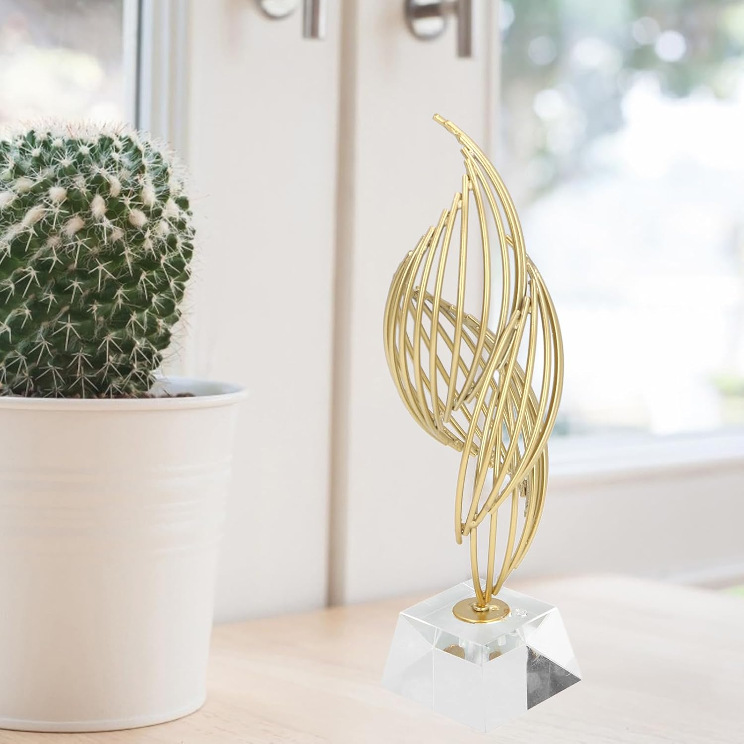 Metal Abstract Art Sculpture Iron Abstract Decorative Statue Modern Luxury Home Decor with Glass Base for Desk Shelf Living Room Office (Crystal White)