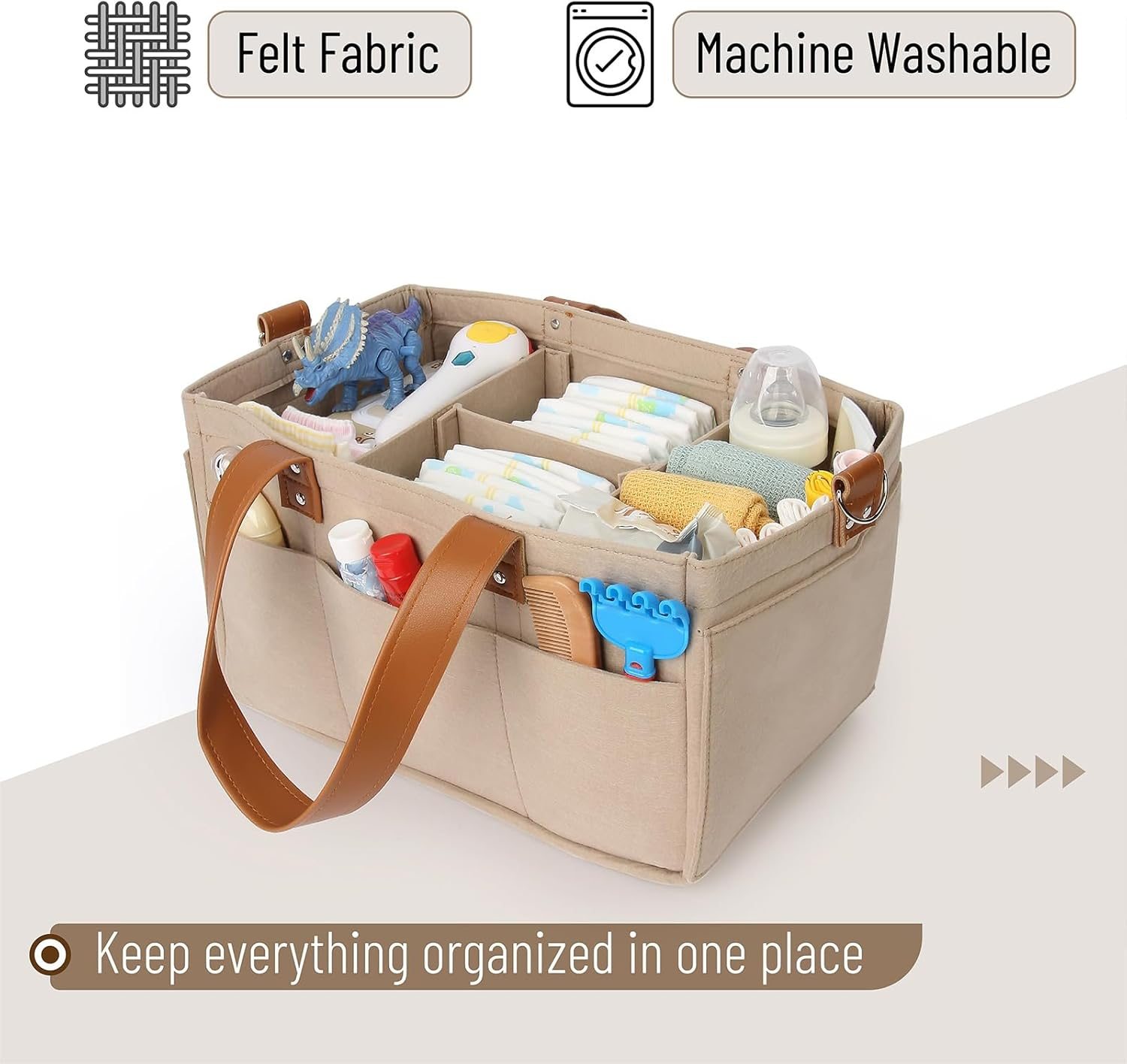 Baby Nappy Caddy, Large Diaper Caddy Organizer, Storage Basket for Babies, Portable Holder Tote Bag for Changing Table Car Travel Newborn Essentials .Baby Gift Accessories - Oatmeal image number 3