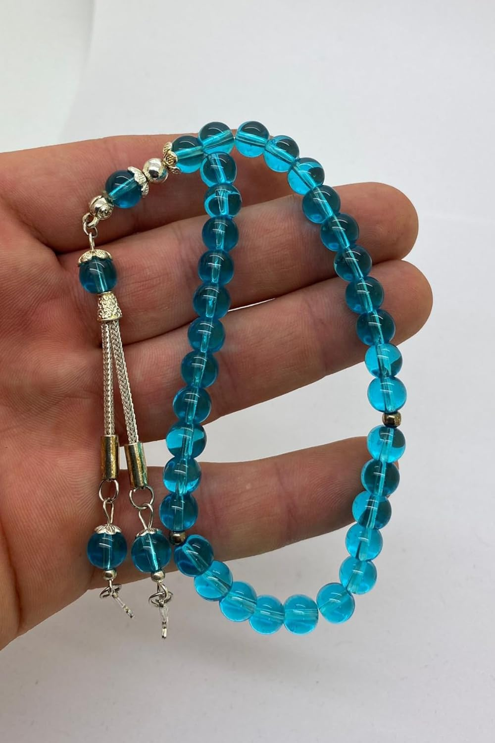 Handcrafted Airplane Glass Style Prayer Beads &ndash; Transparent Light Blue Misbaha with Tassel &ndash; Elegant Islamic Rosary for Men & Women image number 3
