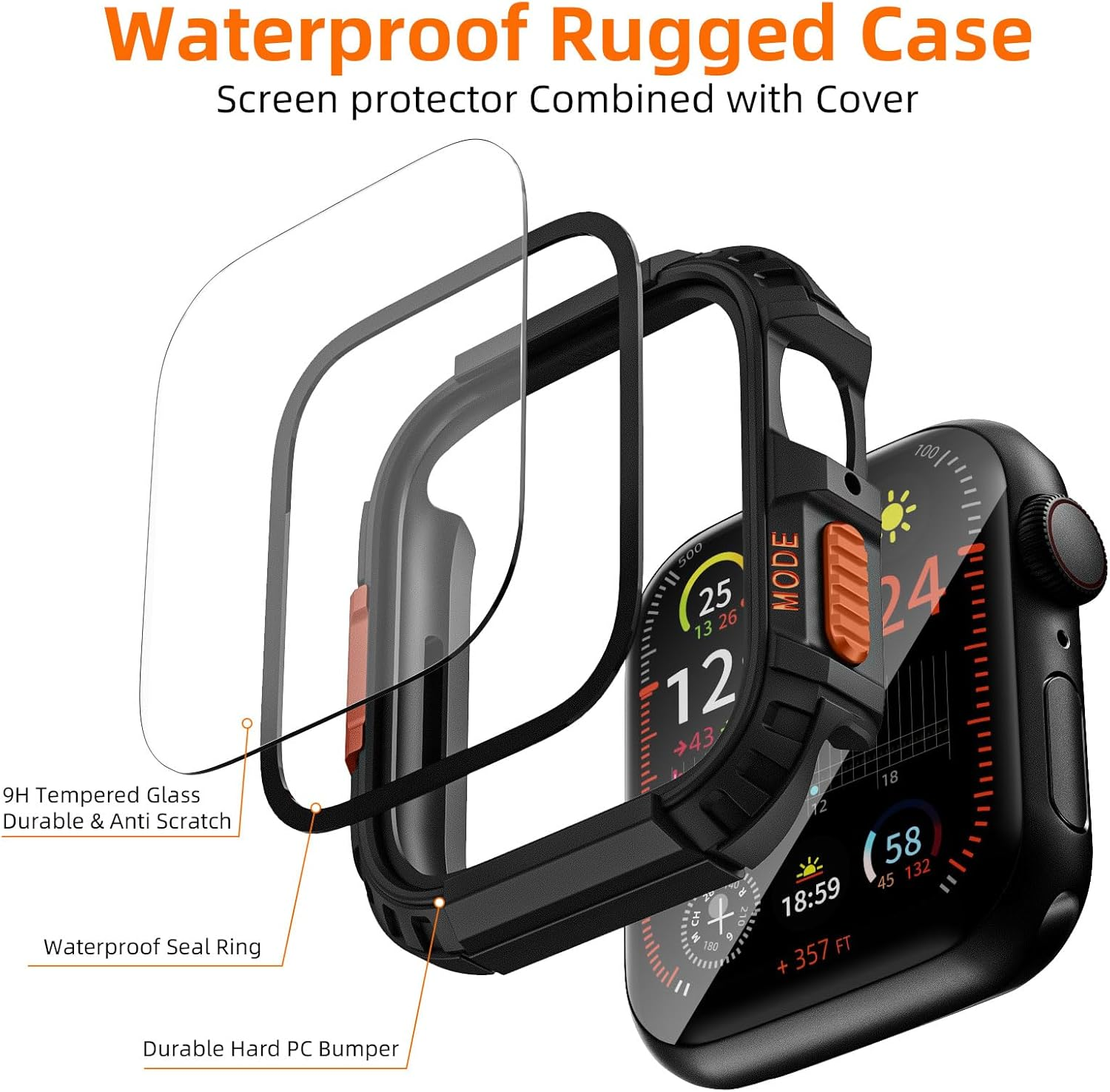 Zumyzu Rugged Waterproof Case for Apple Watch 44Mm Series 6 5 4 SE with Tempered Glass Screen Protector, Hard PC Bumper Protective Cover for Iwatch 44Mm Black Gray