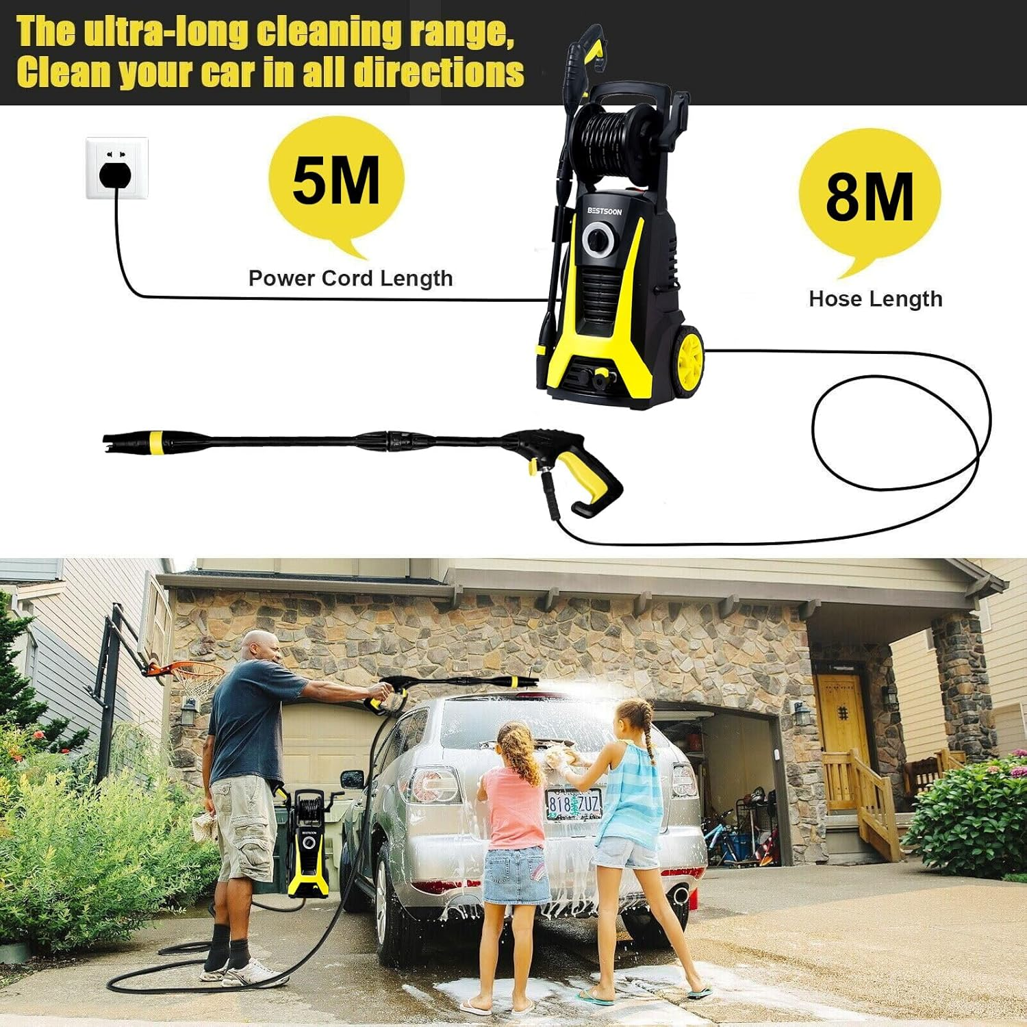 Bestsoon 3600PSI High Pressure Washer, 2200W Electric Power Washer with Spray Gun and Hose Reel, 8M Hose, 6 Nozzles, Brush Head/Rotary Floor Cleaner, Idear for Cleaning & Washing